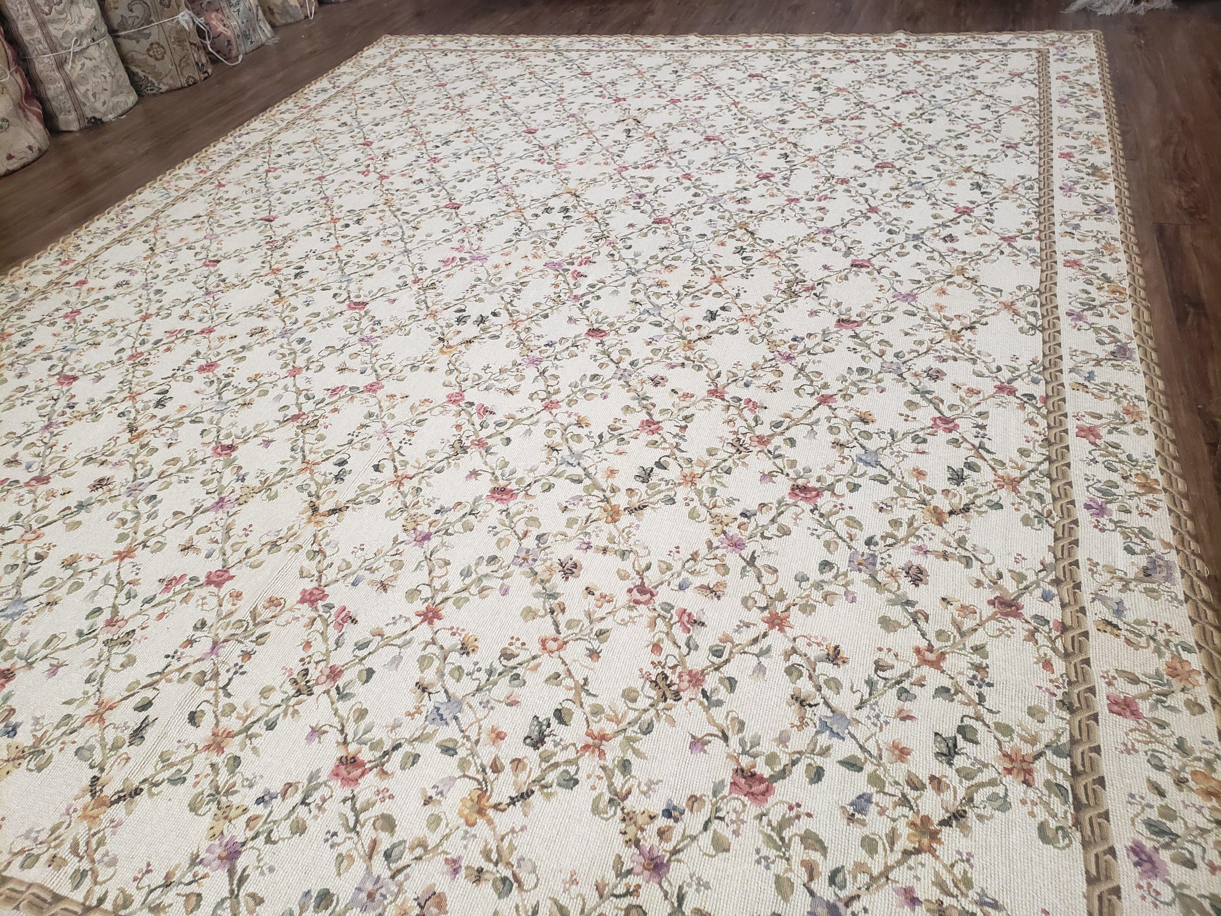 Vintage Petite Point Floral Area Rug 7.5 x 9.9, Chinese Aubusson Needlepoint Carpet 7x10, Wool Hand-Knotted Ivory Small Flowers Rug 8x10 - Jewel Rugs