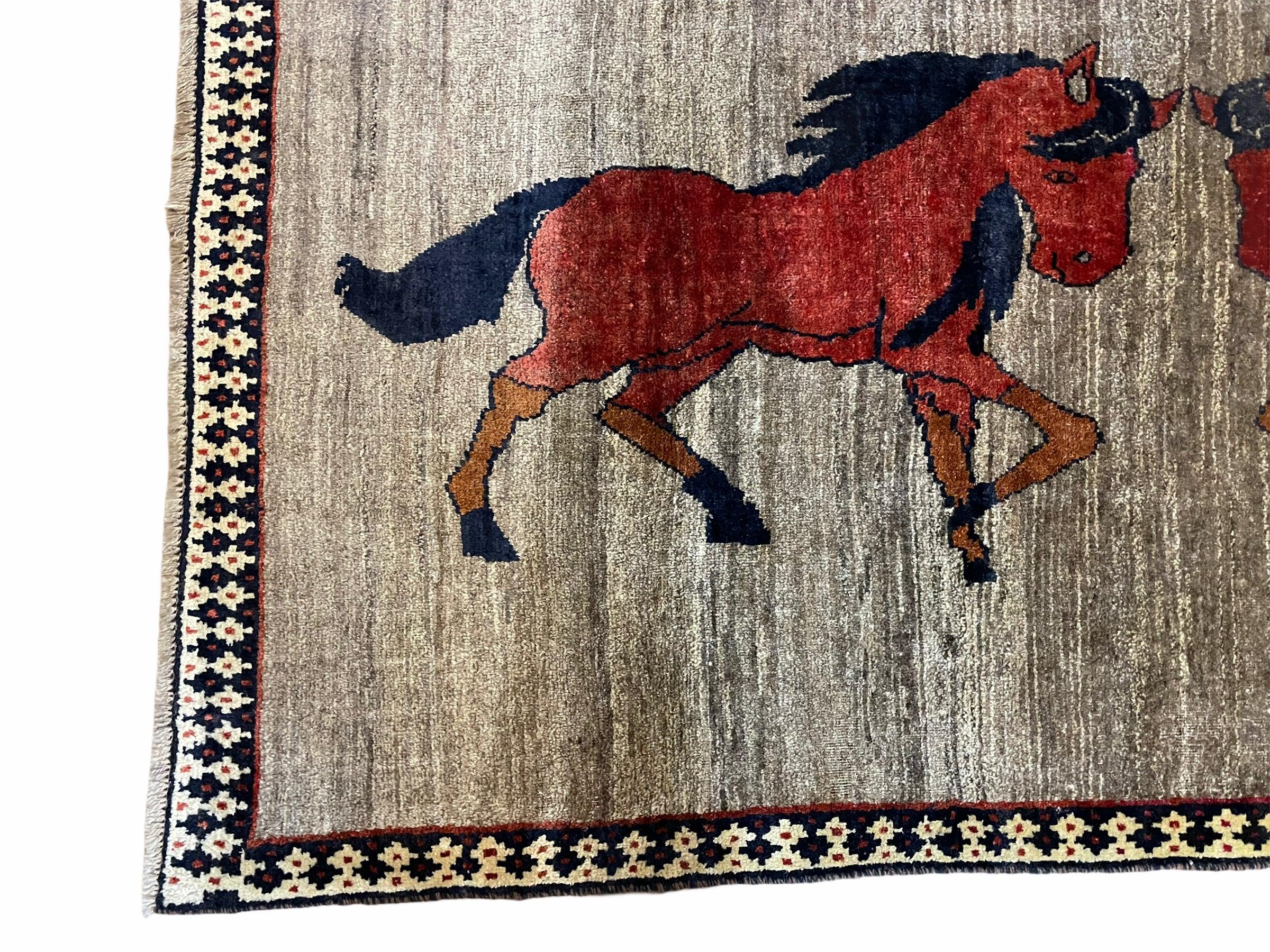 4 X 7 Handmade Hand-Knotted Quality Wool Rug Pictorial Horses Veggie Dyes Tribal - Jewel Rugs