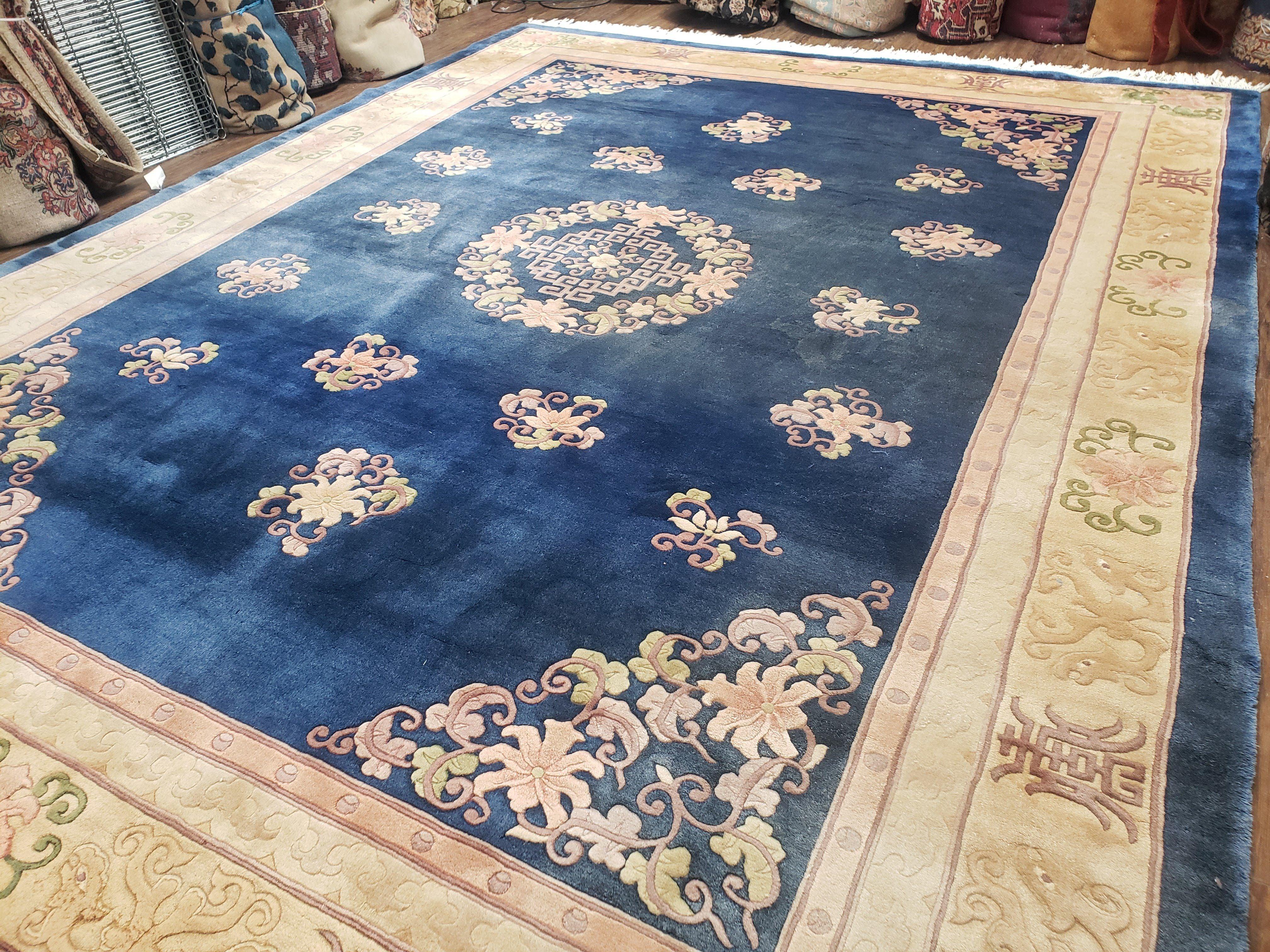 Vintage Chinese Art Deco Area Rug 10x13, Hand-Knotted Wool Chinese Blue & Cream Carving 90 Line Asian Carpet, Soft Art Deco 10 x 13 Rug Nice - Jewel Rugs