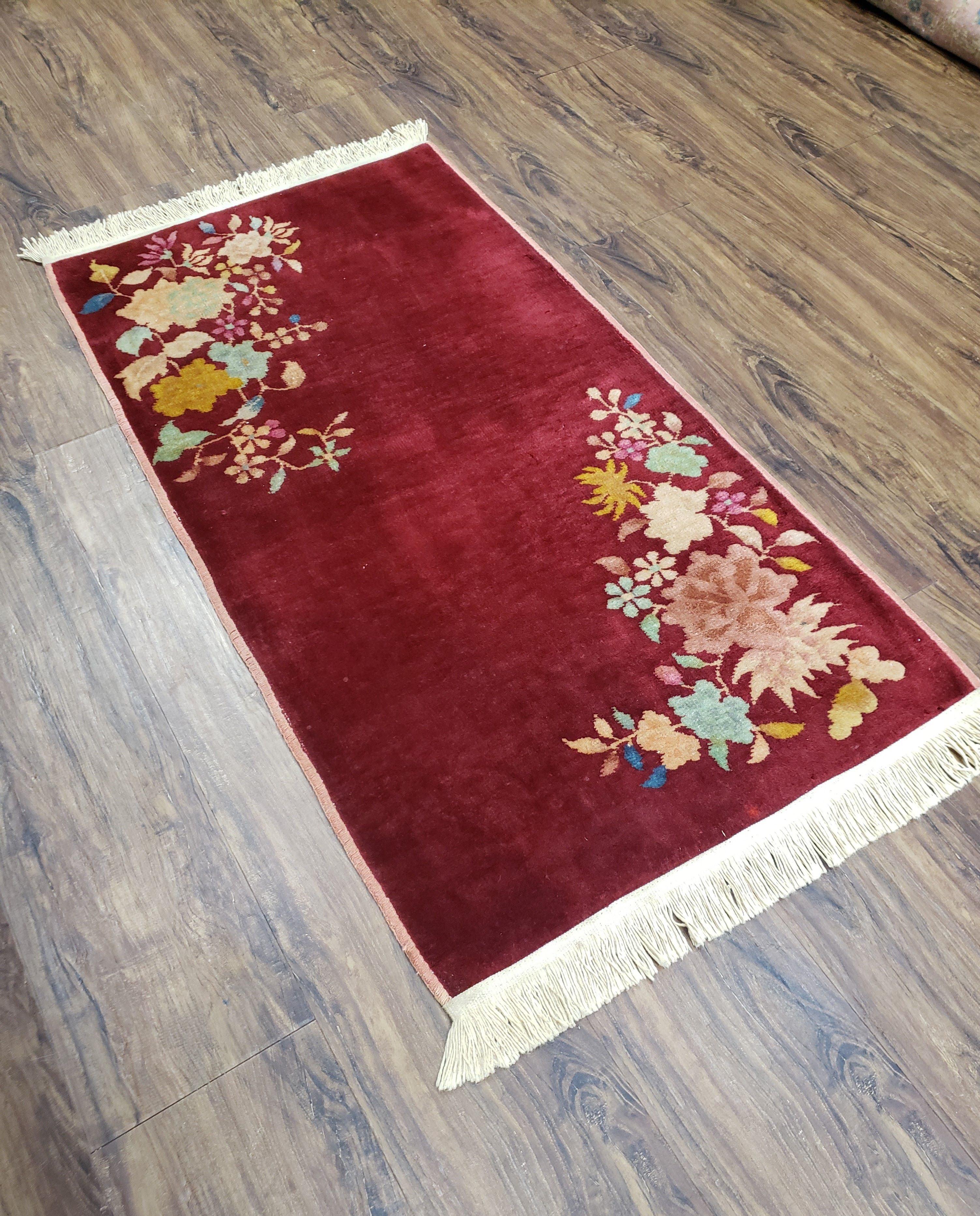 Small Chinese Art Deco Rug, Maroon Art Deco Carpet 2x4 Rug, Floral Nichols Rug, Peking Rug, Antique Deco Asian Decor, Handmade, Wool, Pair A - Jewel Rugs