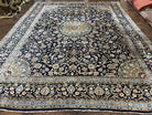 Wonderful Persian Kashan Rug 10x13, Navy Blue Light Blue Tan, Hand Knotted Wool Oriental Carpet Floral Allover Medallion 1950s Semi Antique Vintage - Jewel Rugs