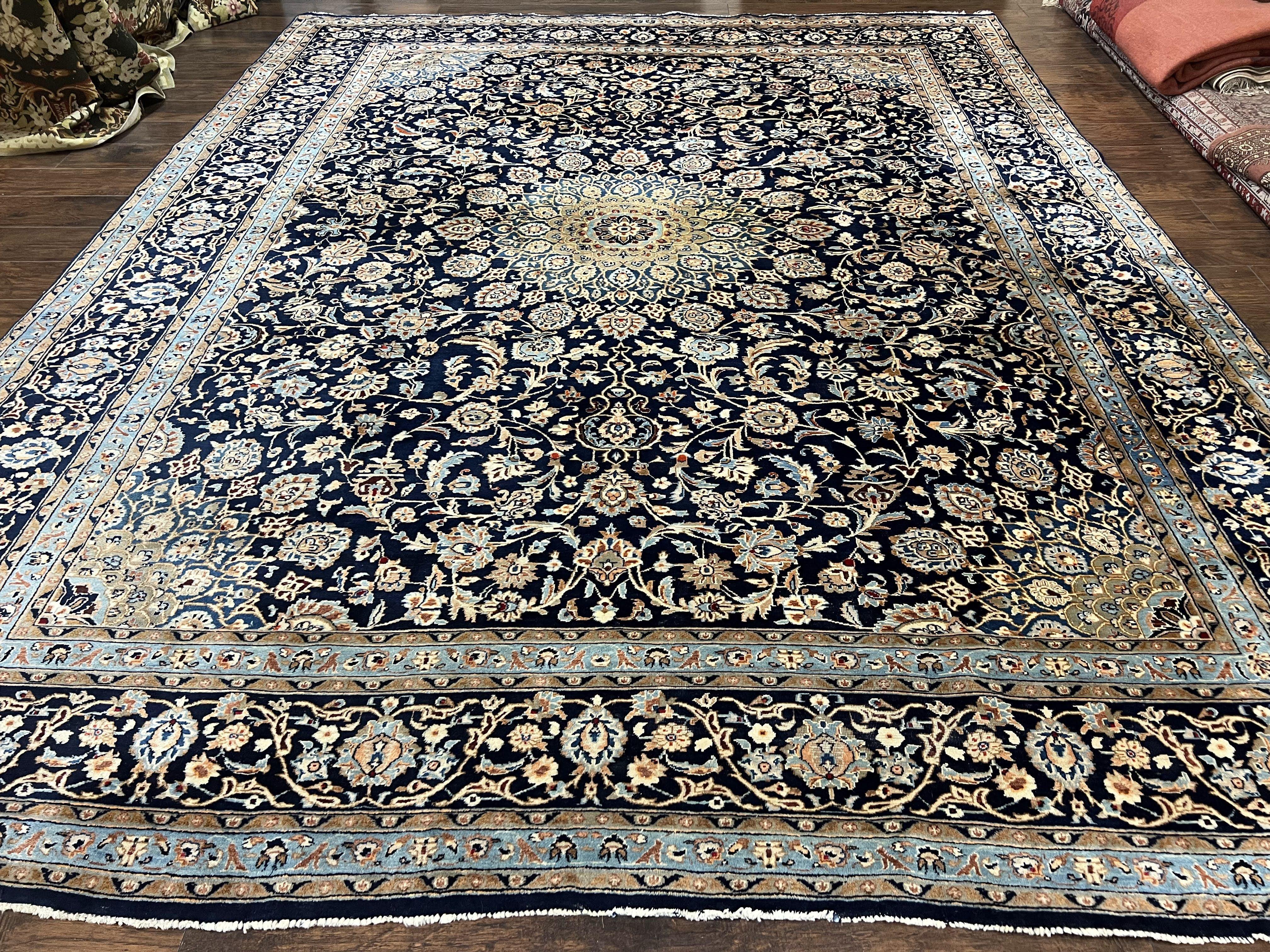 Wonderful Persian Kashan Rug 10x13, Navy Blue Light Blue Tan, Hand Knotted Wool Oriental Carpet Floral Allover Medallion 1950s Semi Antique Vintage - Jewel Rugs