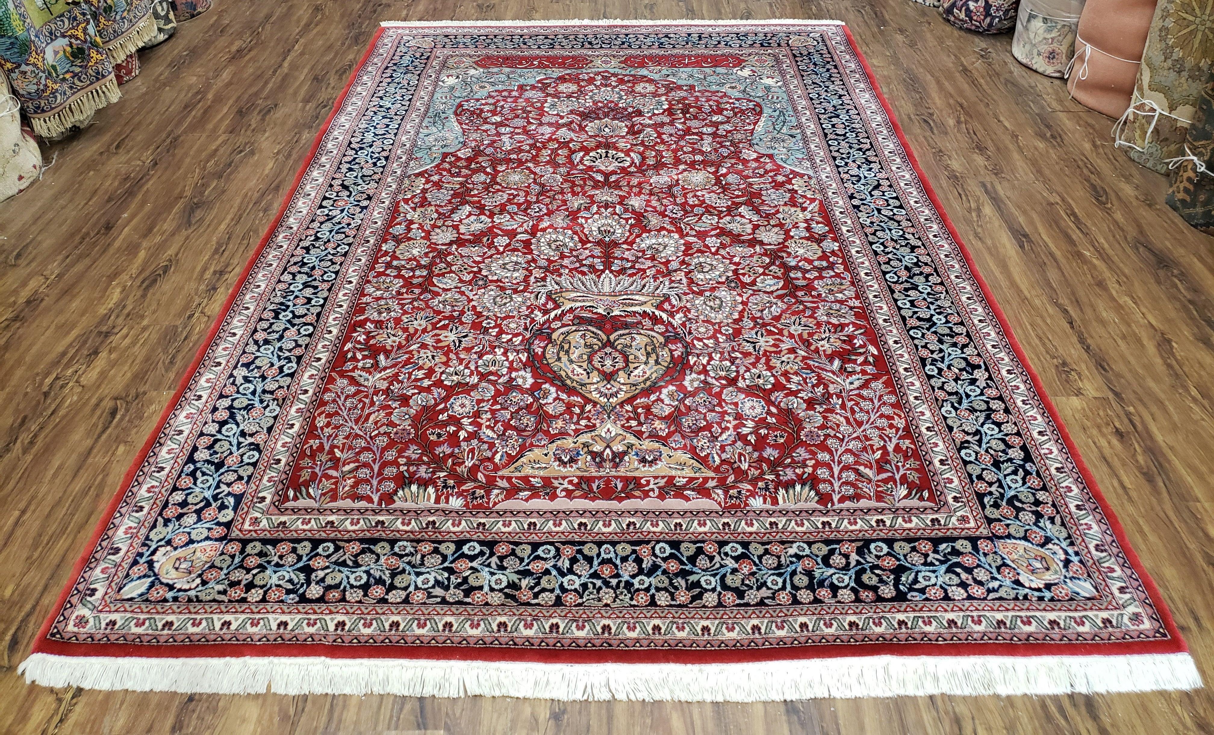 Vintage Persian Oriental Rug, Very Fine Hand-Knotted Vases and Flowers Carpet, Hand-Knotted, Wool, Red & Dark Blue, Teal, Writing, 6x9 Rug - Jewel Rugs