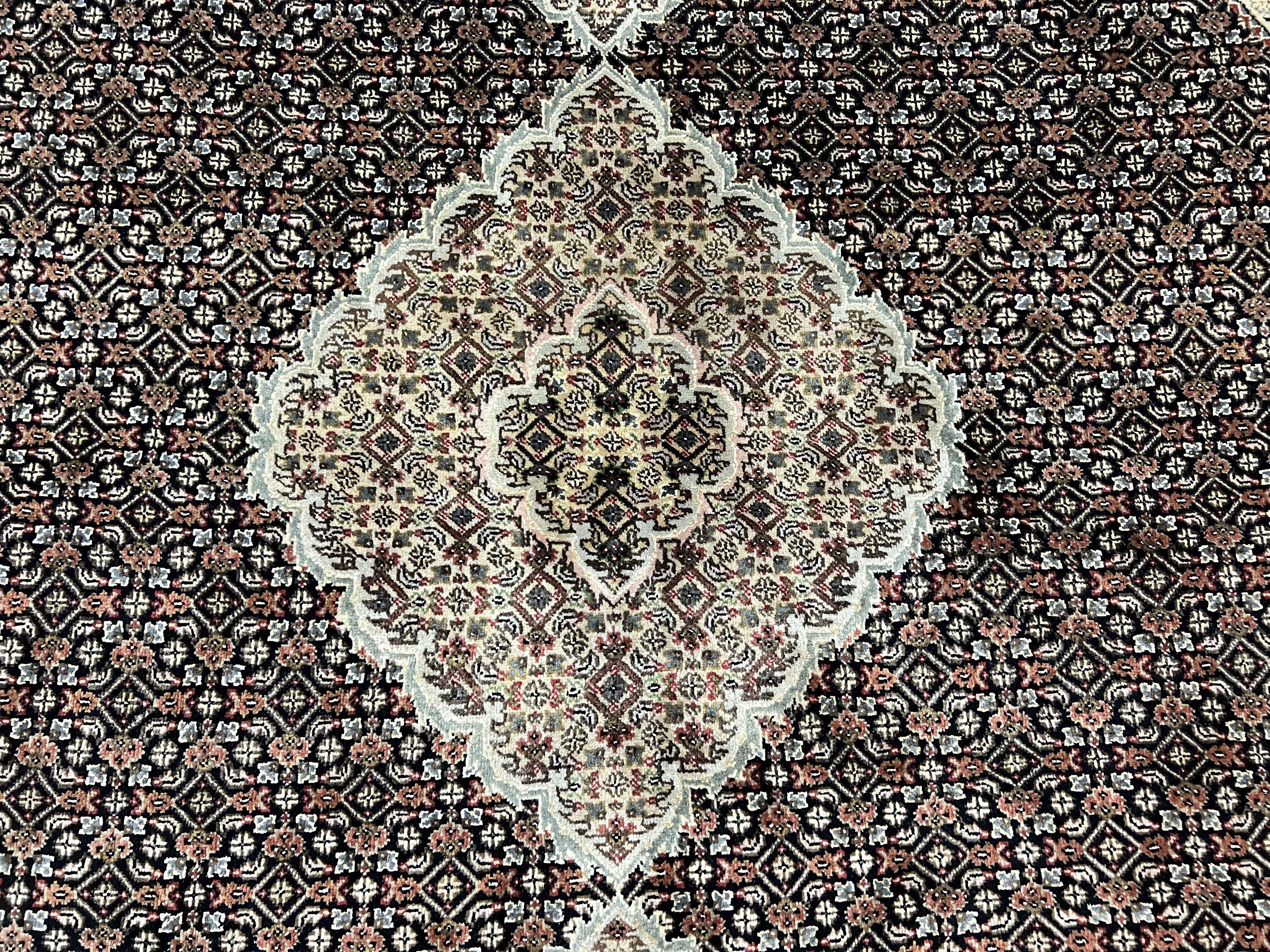 Round Oriental Rug 6.8 x 6.8 ft, Black and Beige Hand-Knotted Wool Indian Indo Persian Round Carpet, Herati Mahi Pattern, Vintage Round Rug - Jewel Rugs