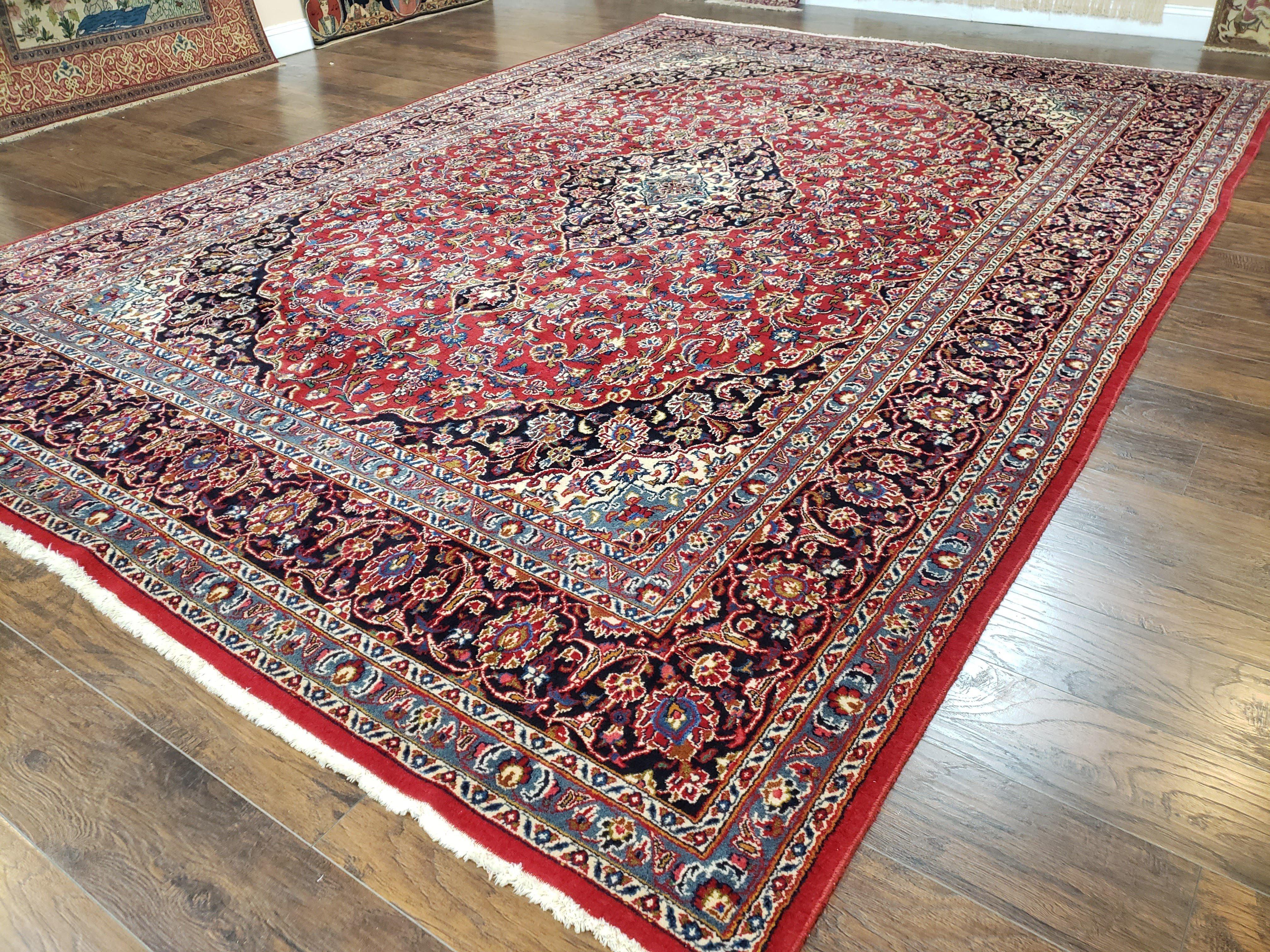 Persian Kashan Rug 9.6 x 13.5, Red and Blue Antique Persian Carpet, Hand Knotted, Medallion Allover Floral, High Quality Large Wool Carpet - Jewel Rugs