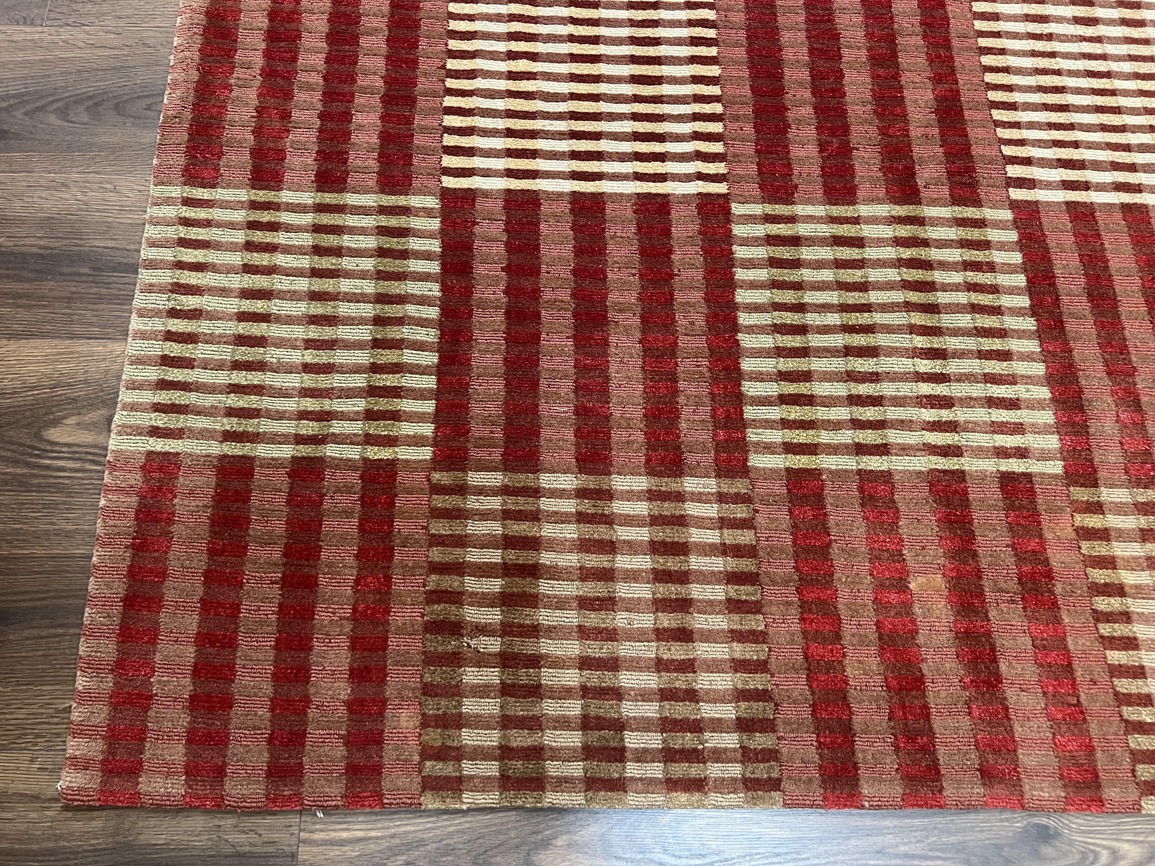 Modern Tibetan Rug 8x10, Hand Knotted Contemporary Nepali Carpet 8 x 10, Checkerboard Design, Red Cream Light Brown, Very Fine Wool & Silk - Jewel Rugs