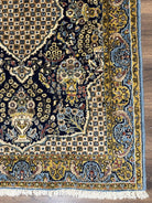 Fine Persian Qum Rug 3x5, Semi Antique Vintage Oriental Ghom Carpet, Floral Medallion, Highly Detailed, Hand Knotted, Navy Blue, Wool Area Rug, Birds - Jewel Rugs