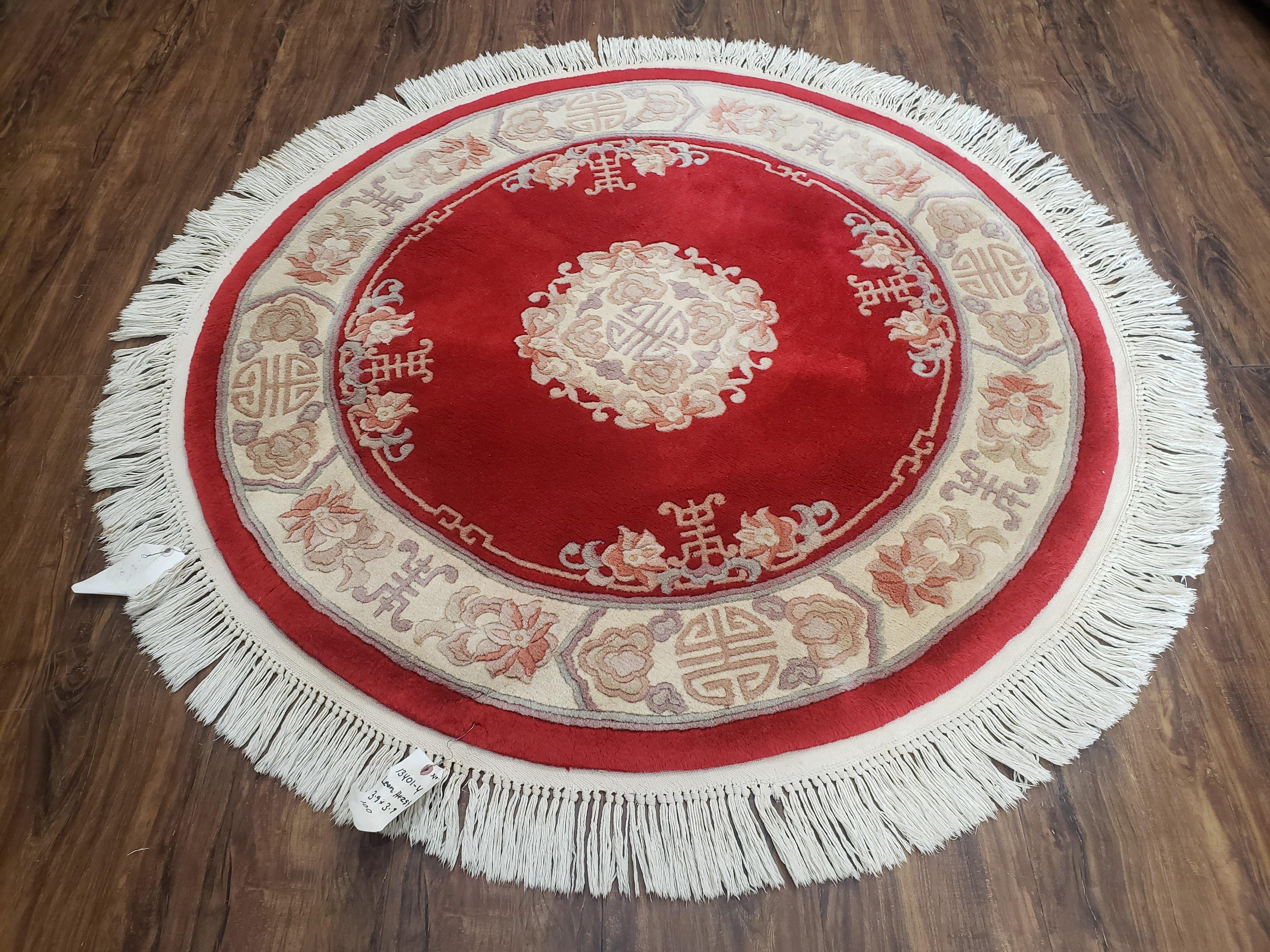 Round Chinese Carving Rug 3.9 x 3.9, Small 90 Line Chinese Circular Carpet, Art Deco Rug, Red and Beige, 4ft Round, Wool Rug Soft Handmade - Jewel Rugs