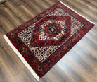 Fine Persian Bidjar Rug 3x5, Geometric Medallion Oriental Bijar Carpet 3 x 5 ft, Ruby Red and Cream, Hand Knotted Wool Rug, Semi Antique Tribal Rug, Nice - Jewel Rugs