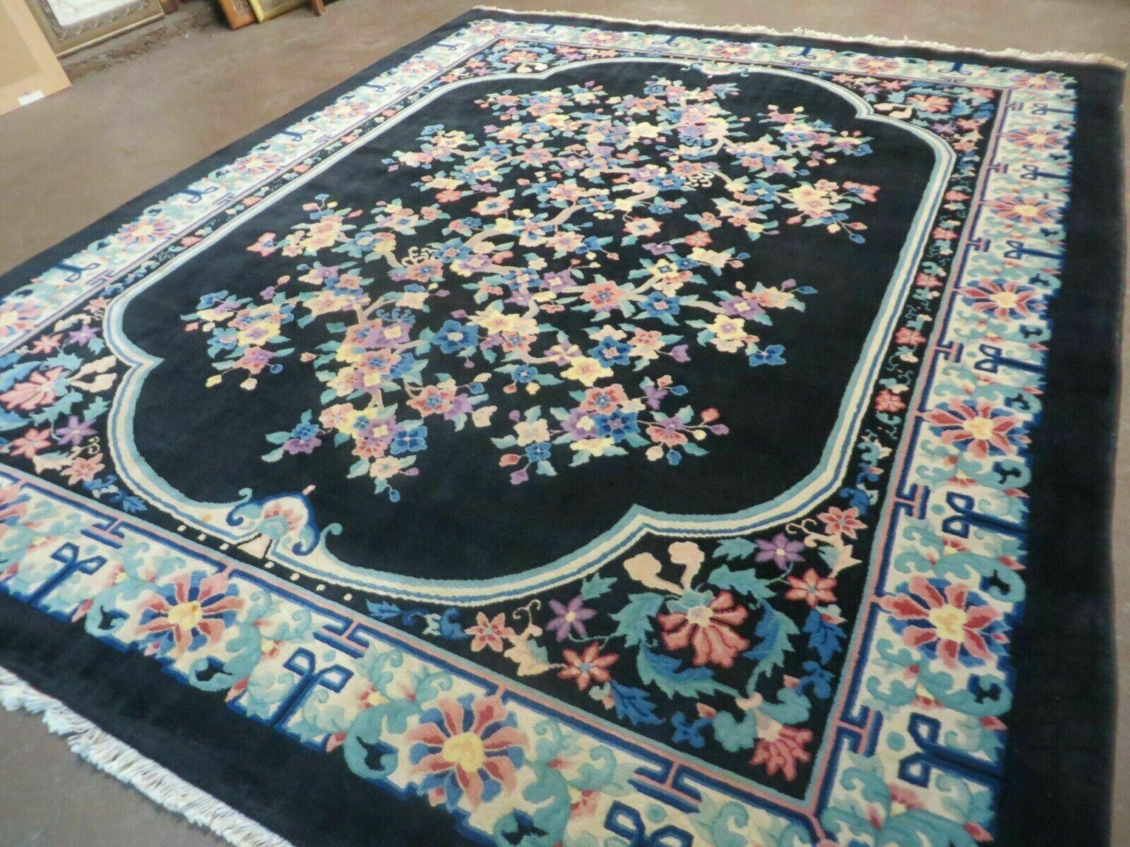 8' x 10' Vintage Handmade Art Deco Plush Chinese Wool Rug center Flower Black - Jewel Rugs