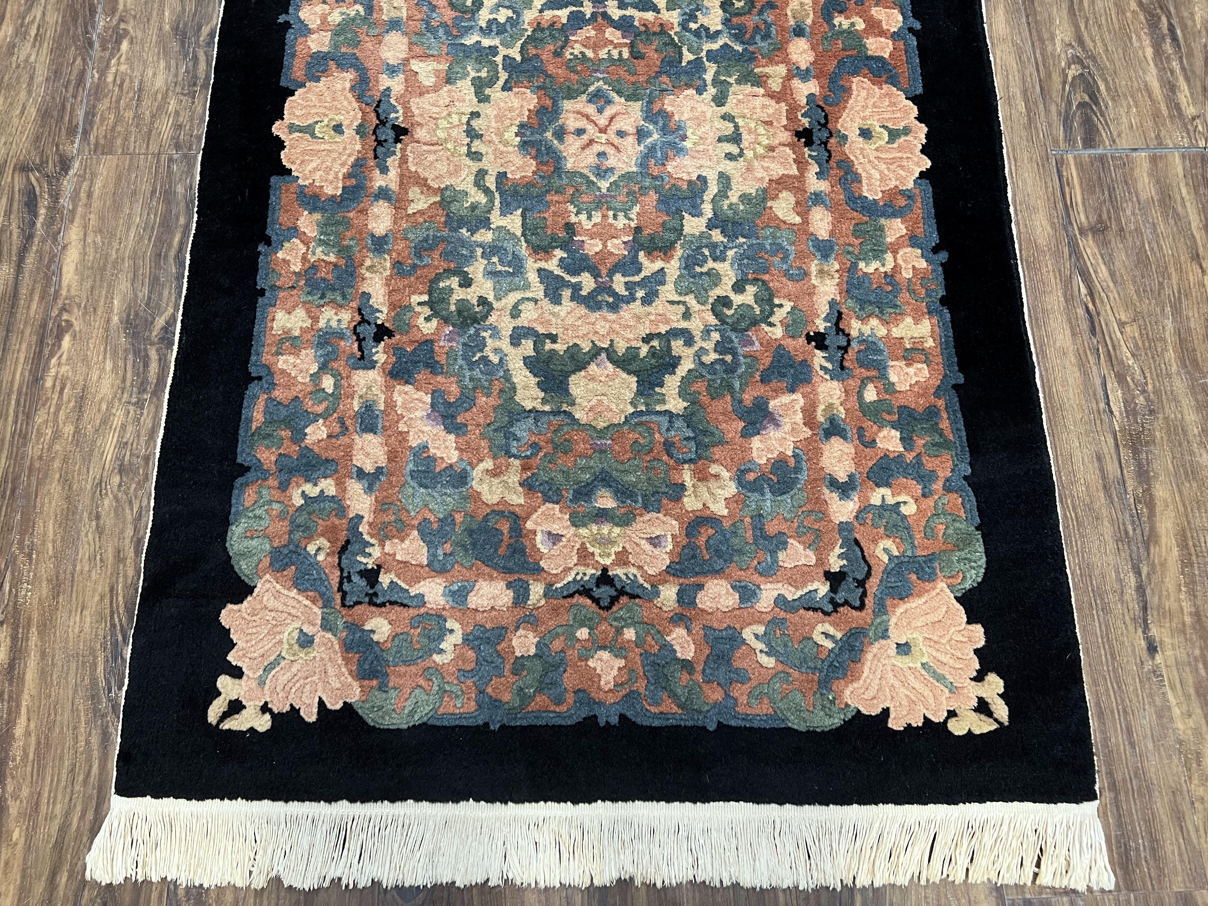 Chinese Art Deco Rug 3x5, Black and Beige Chinese Carpet 3 x 5, Vintage Rug, 1950s Rug, Floral Rug, Handmade Rug, Art Deco Rug, Wool Rug - Jewel Rugs