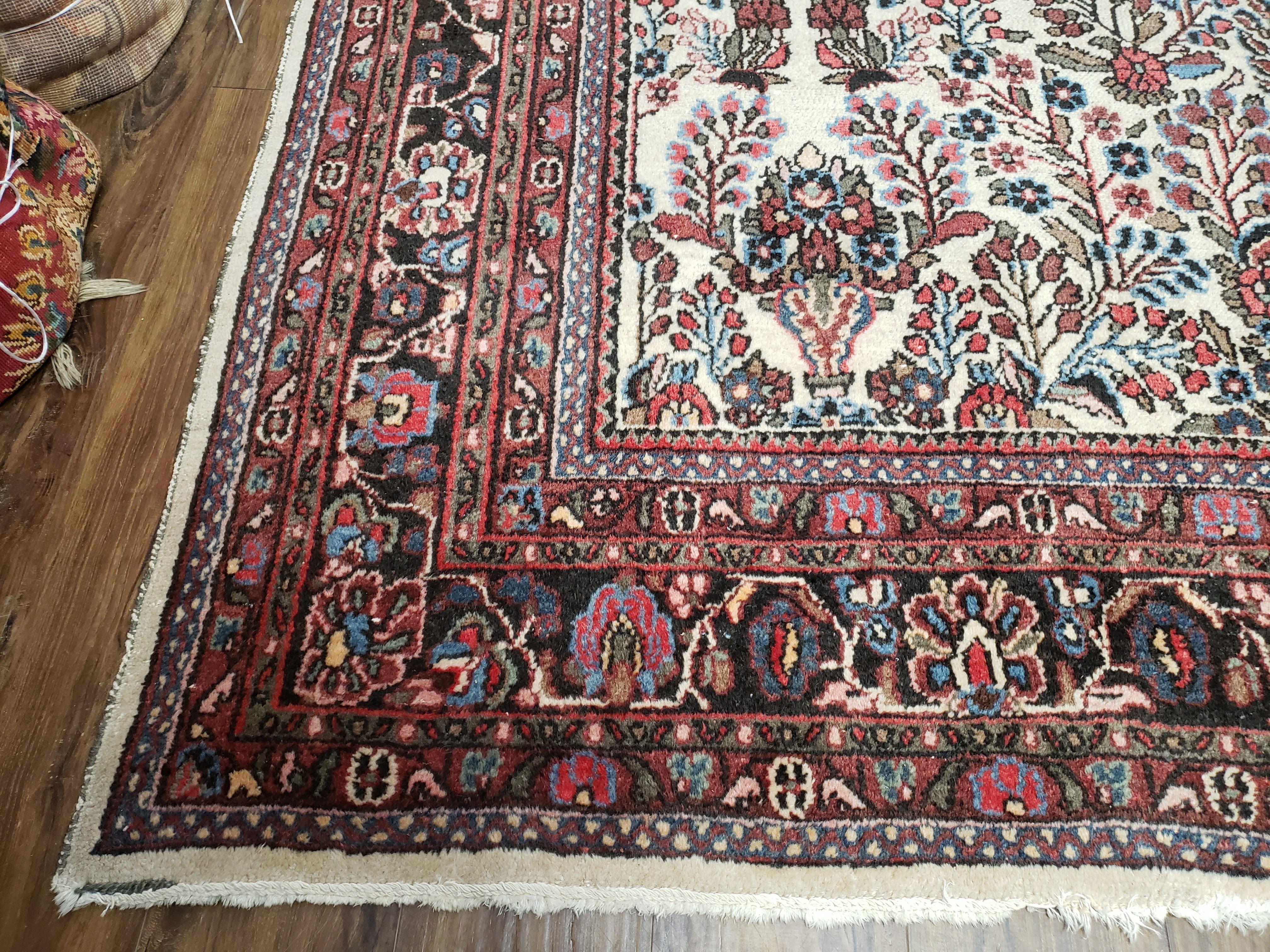 Semi Antique Persian Hamadan Dargazin Rug, Ivory Red Midnight Blue, Hand-Knotted, Wool, Allover Floral, 8'9" x 11' 9" - Jewel Rugs