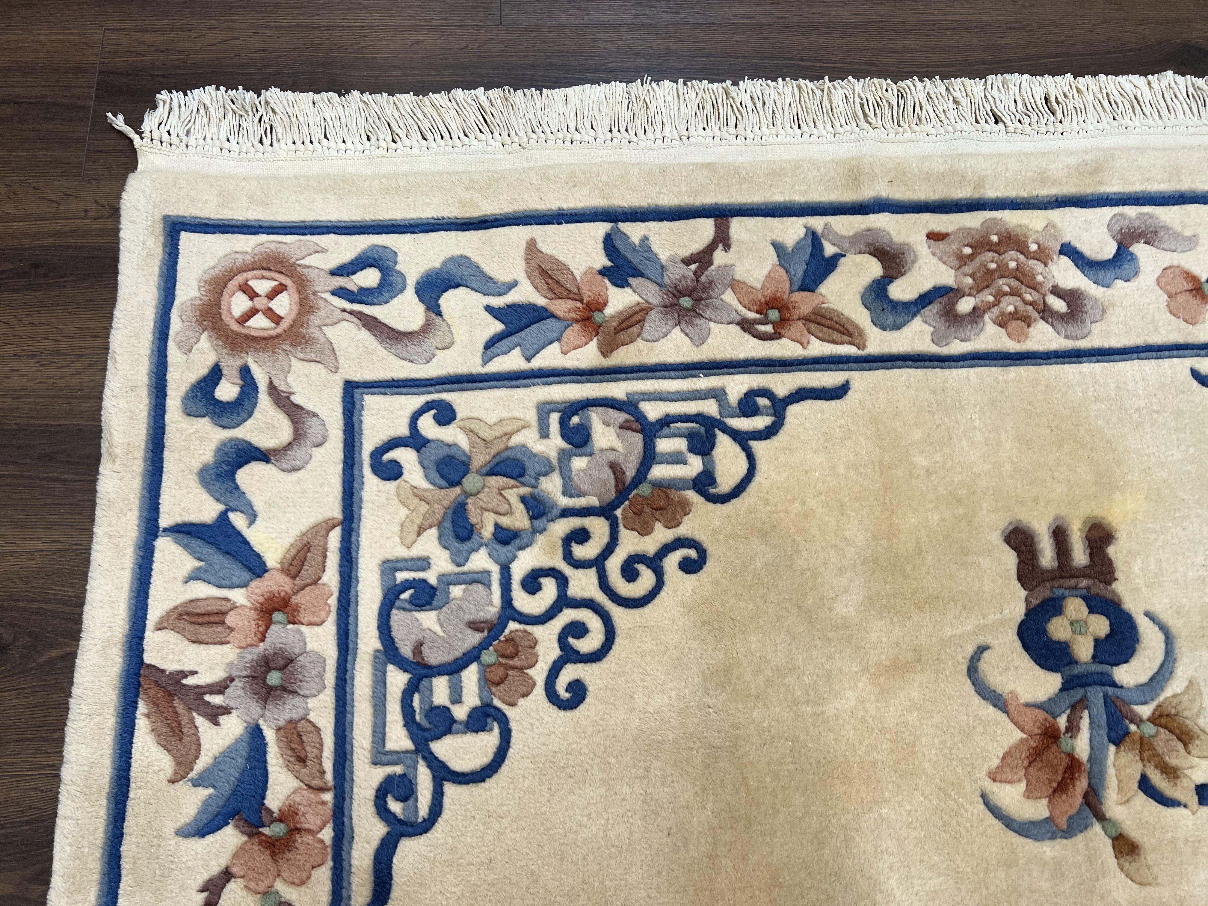 Vintage Chinese Carving Rug 6x9, Peking Carpet, Hand Knotted Wool Chinese Rug 6 x 9, Simple Design Chinese 90 Line Rug, Ivory Blue and Brown - Jewel Rugs