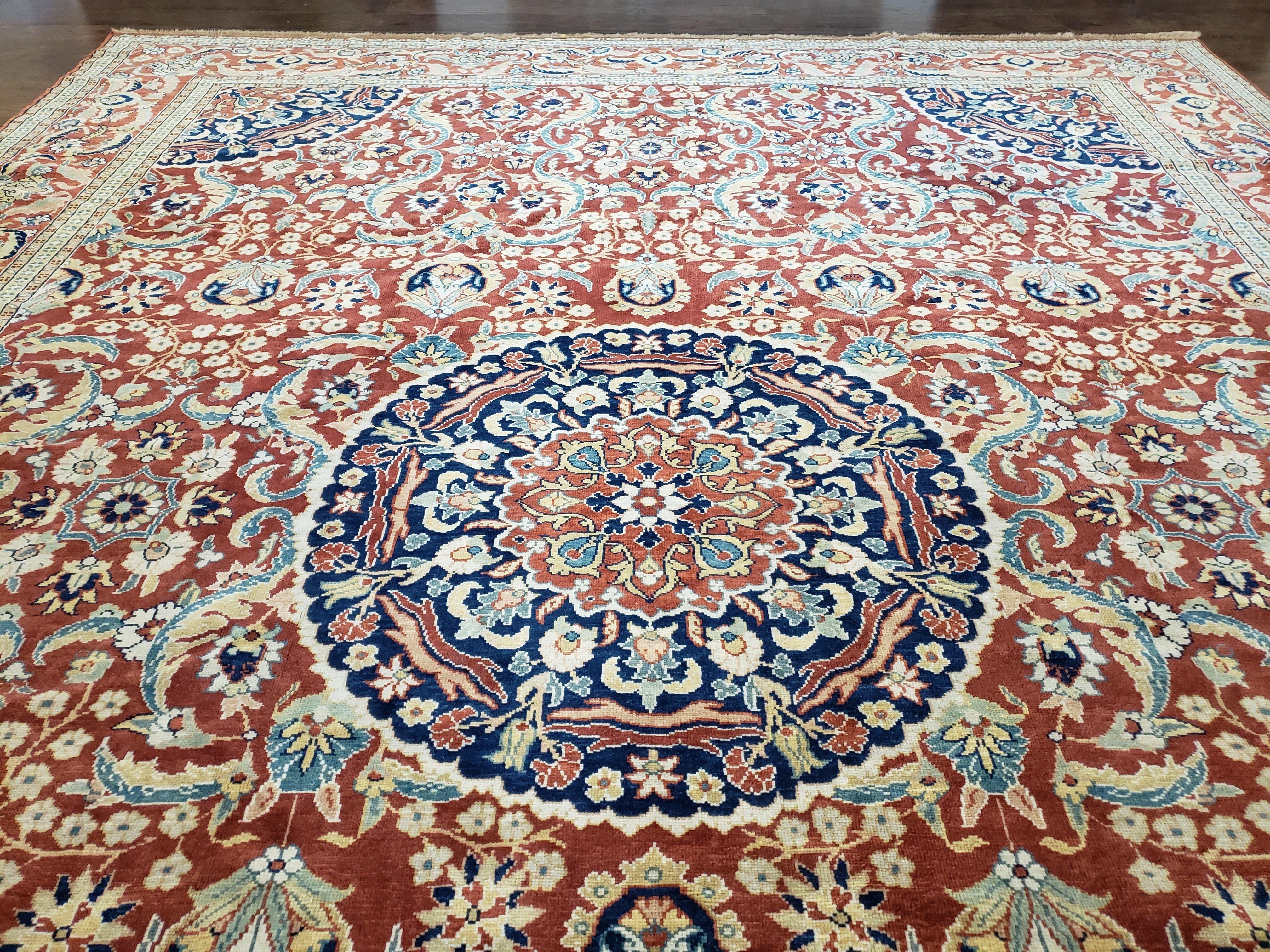 Antique Turkish Rug 10x14 - 11x14, Mahal Large Room Sized Area Rug Wool Hand-Knotted Red Blue Ivory Persian Carpet Oversized Living Room Rug - Jewel Rugs