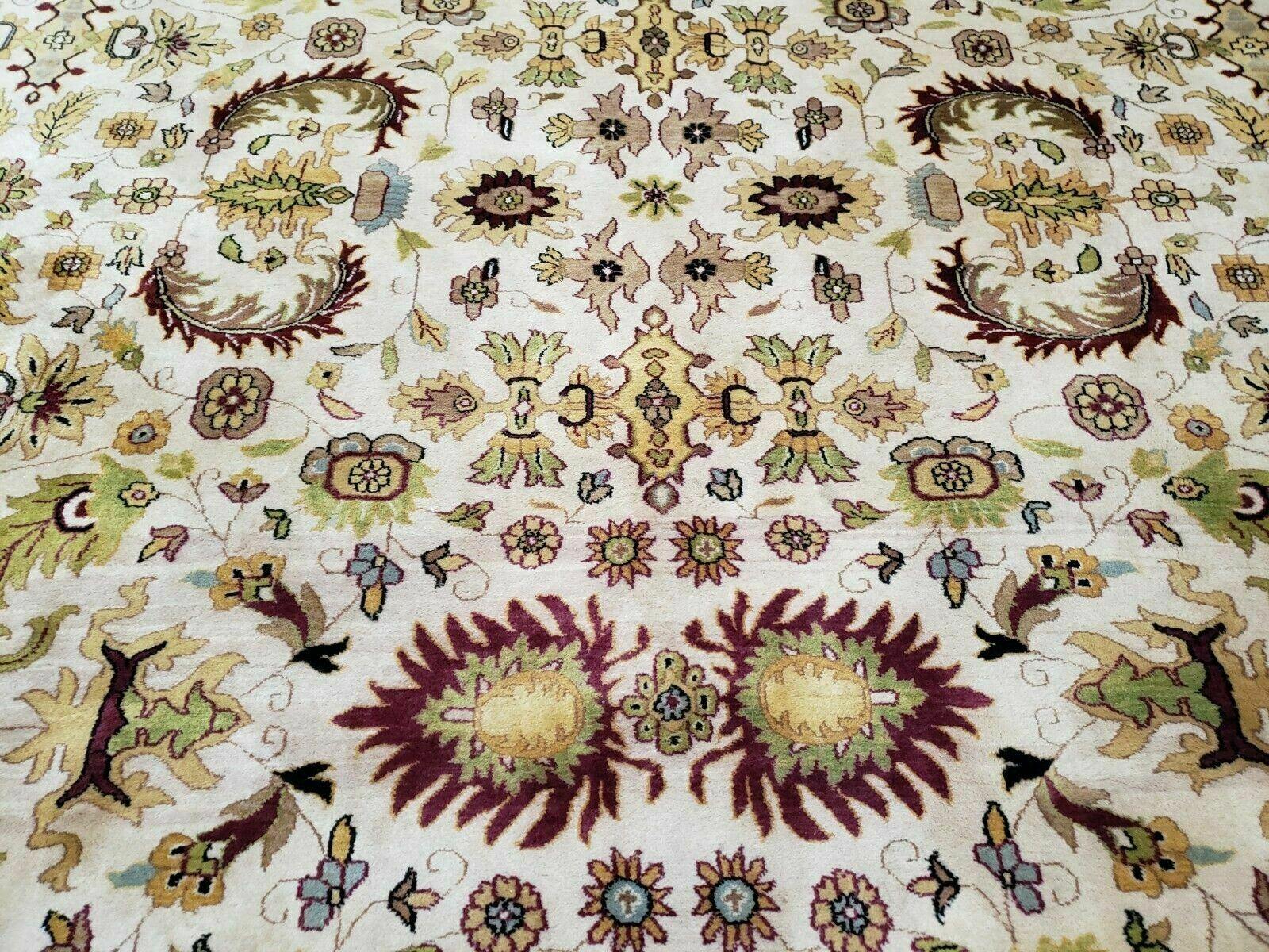 10' X 13' Vintage Hand-Knotted Made India Agra Wool Rug Vegetable Dye Ivory Gold - Jewel Rugs