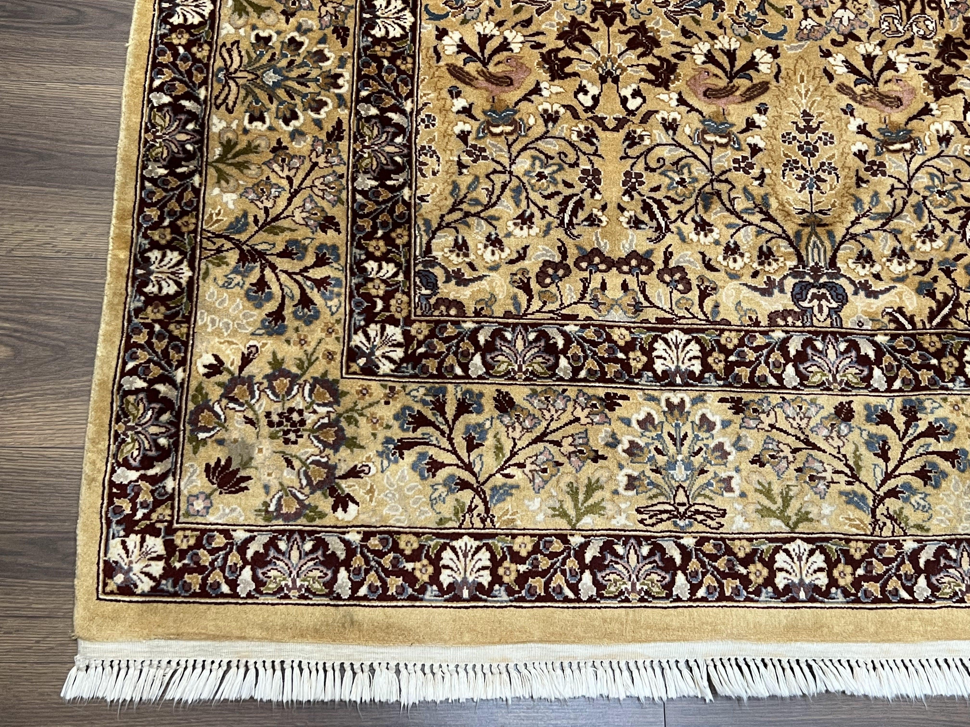 Pretty Indo Persian Rug 6x9, Allover Floral Motif with Birds, Tan/Cream, Very Fine Oriental Carpet, Hand Knotted Vintage Indian Wool Rug - Jewel Rugs