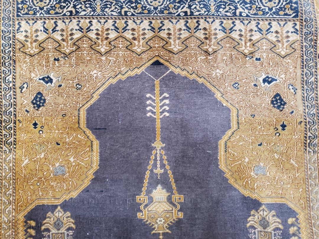 Rare Turkish Ghiordes Prayer Rug 4 x 5.8 ft, Late 19th Century Turkish Oriental Carpet, Mehrab Antique Prayer Rug, Museum Quality, Blue, Tan - Jewel Rugs