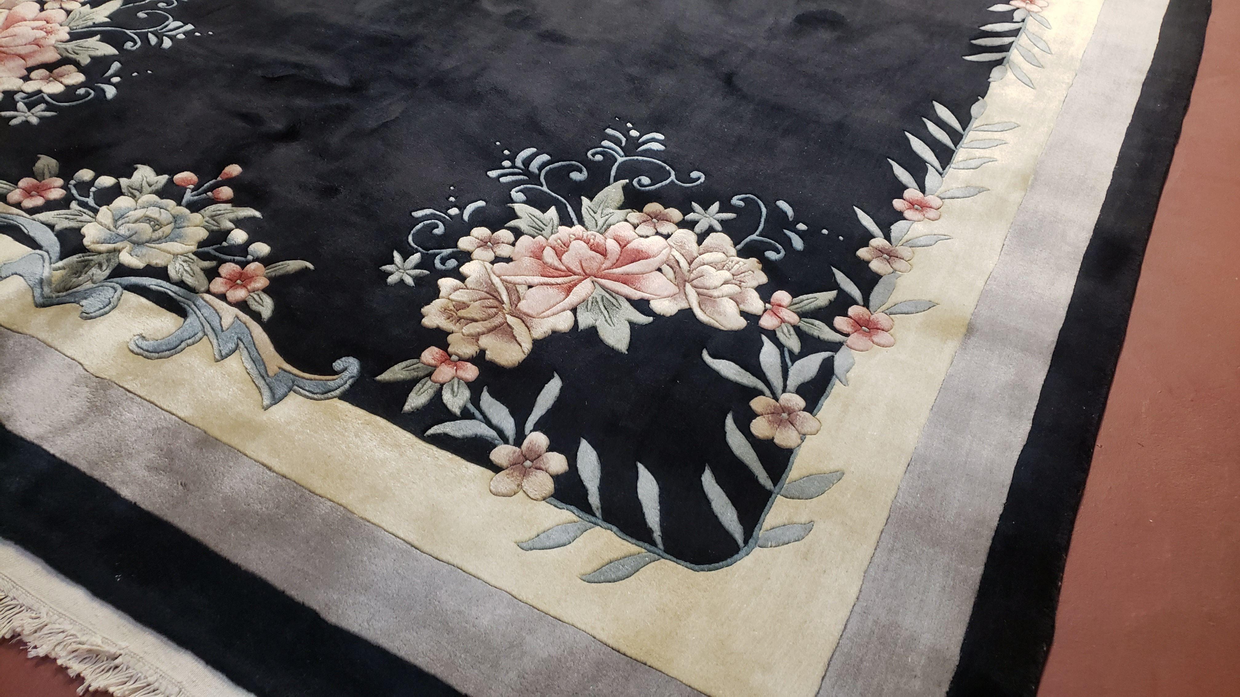 7' 9" x 8' 9" Black Chinese Rug Plush Pile Almost Square 8x9 Vintage Rug Wool Flower 120 Line Simple Traditional Chinese Carpet Minimalistic - Jewel Rugs