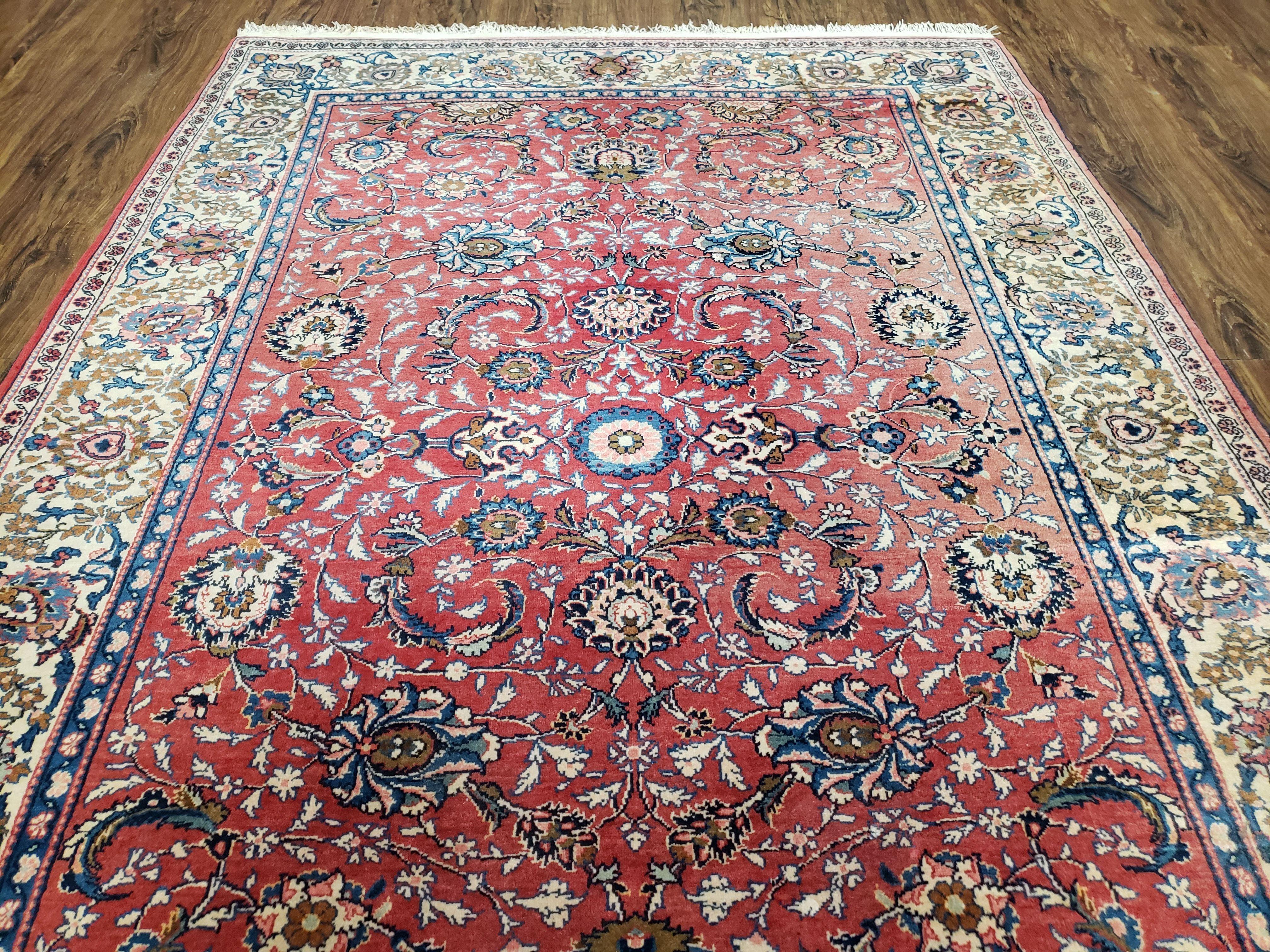 Semi Antique Persian Kashan Rug, Red & Beige, Hand-Knotted, Wool, 4'7" x 6' 6", Pair B - Jewel Rugs