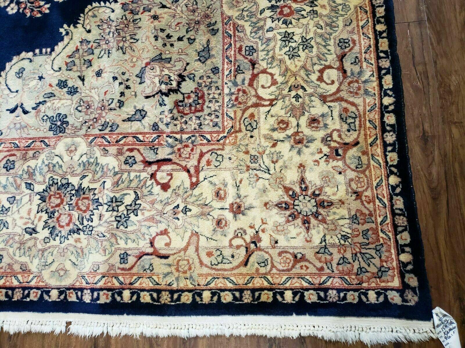 9' X 12' Vintage Indian Oriental Kirman Rug Medallion Hand Knotted Wool Blue - Jewel Rugs