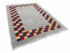 Gray Kilim Carpet, Yellow, Red, Blue Checkerboard Pattern, Flatweave, New, Geometric, Hand-Knotted, Wool, Turkish Area Rug, 5' 9" x 7' 9" - Jewel Rugs