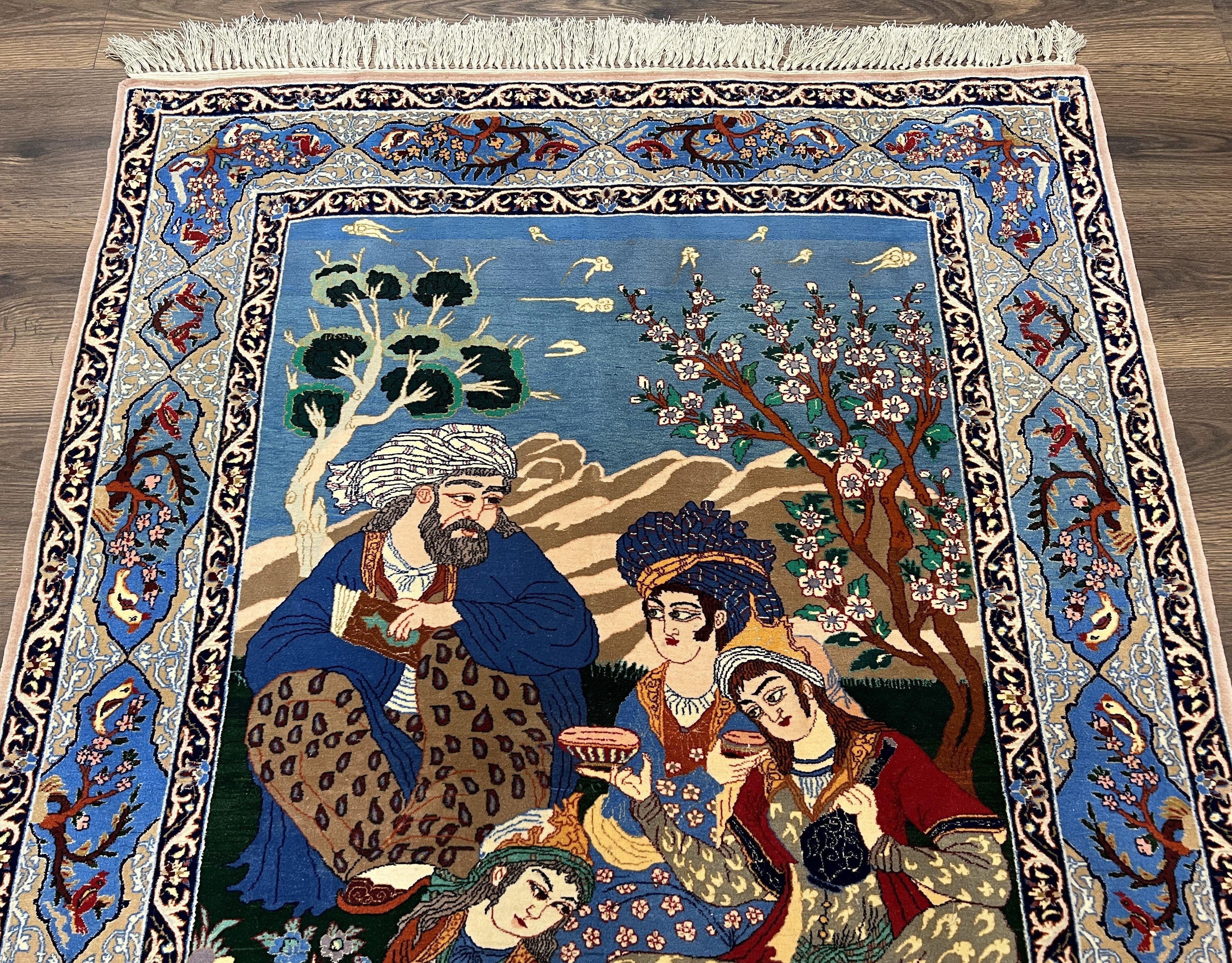 Fine Persian Isfahan Pictorial Rug 3.7 x 5, Kork Wool on Silk Foundation, Blue Persian Carpet, Hand Knotted, Humans Birds, High KPSI, Semi Antique - Jewel Rugs