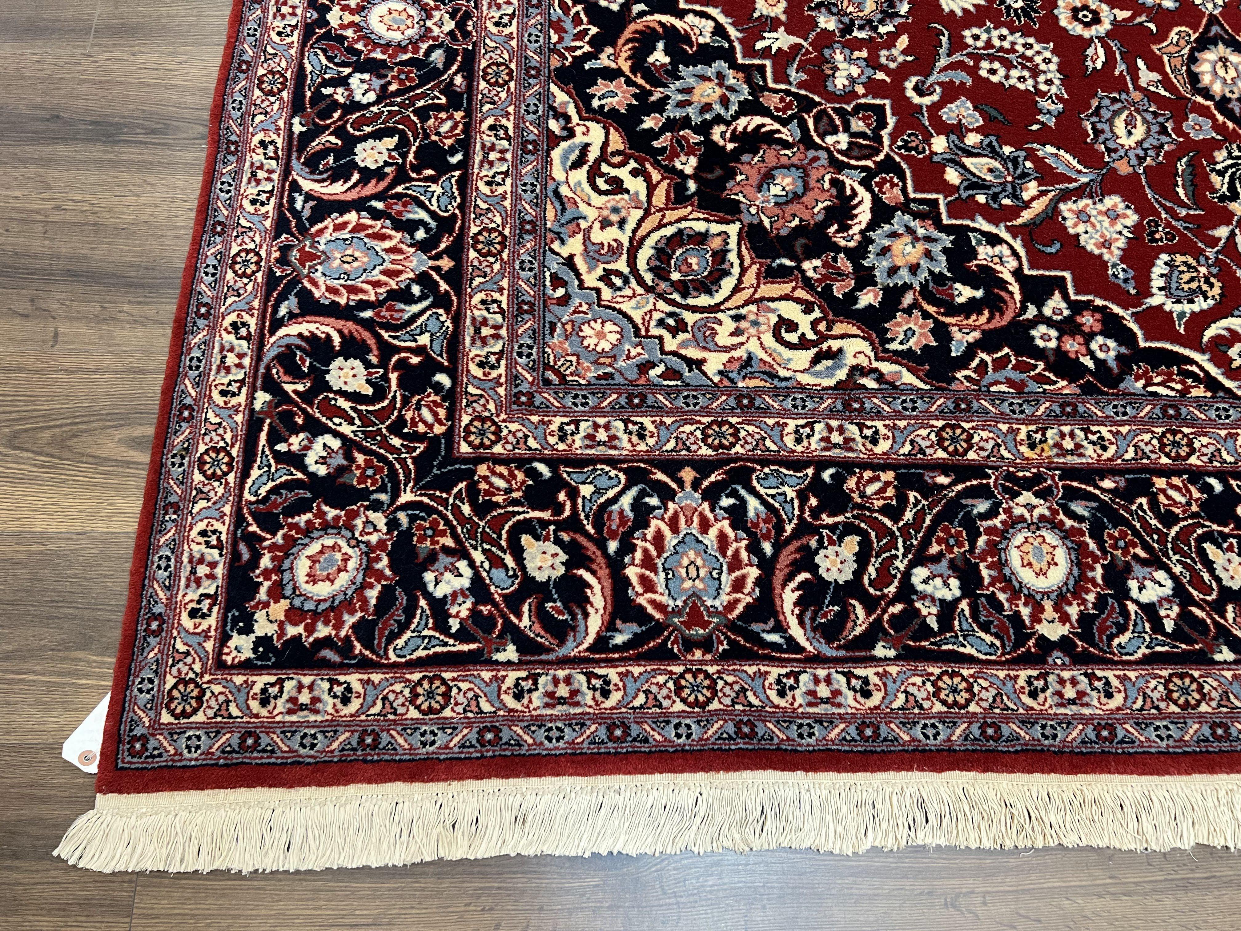 Pak Persian Rug 8x10, Vintage Pakistani Oriental Rug, Maroon Dark Blue Cream, Handmade Wool Carpet 8 x 10, Allover Floral Medallion Fine Rug - Jewel Rugs