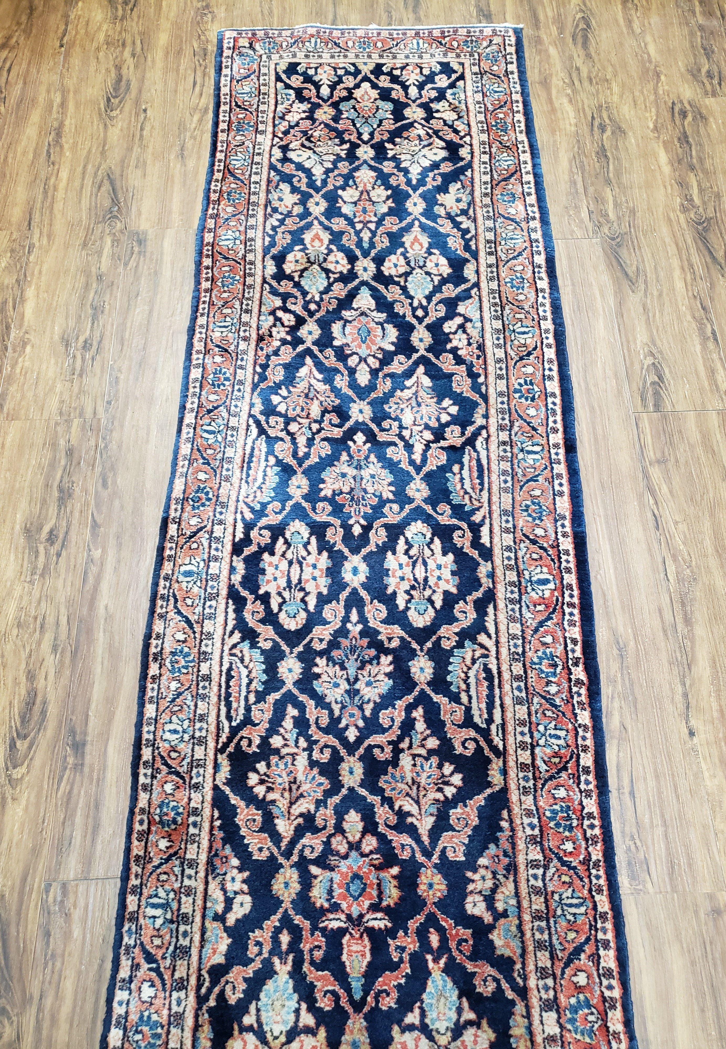 Antique Dark Blue Persian Sarouk Runner, Hand-knotted, Wool, 2'4" x 9' 3" - Jewel Rugs