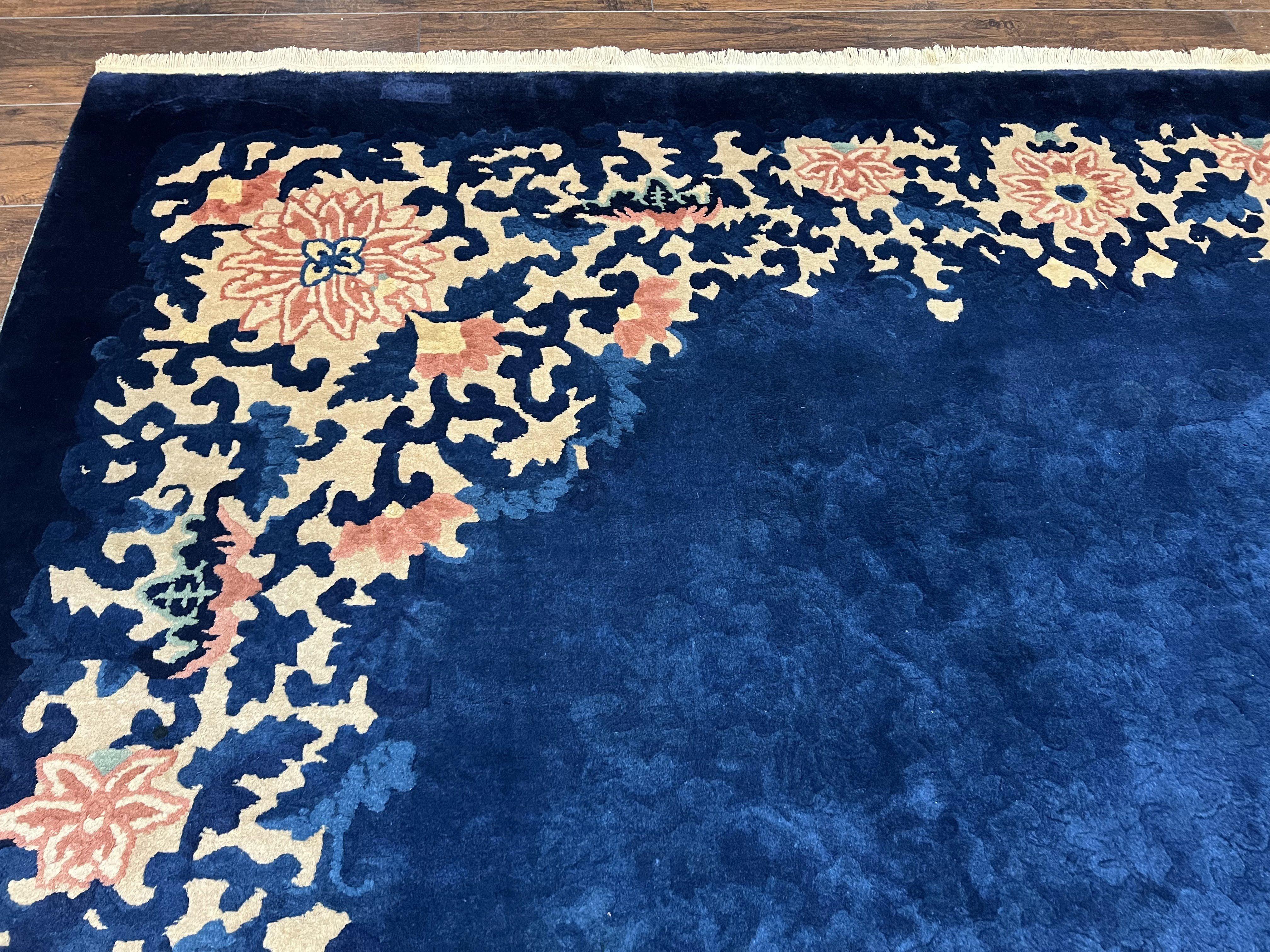 Chinese Art Deco Rug 9x12 Antique Rug 9 x 12 Nichol Rug, Peking Rug, Open Field Blue Chinese Carpet, Hand Knotted, Asian Oriental Rug Nice - Jewel Rugs