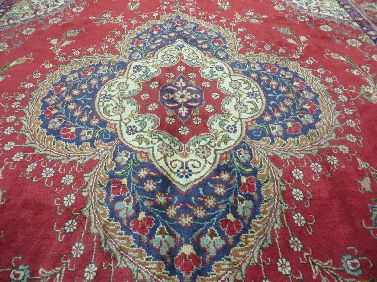 Persian Tabriz Rug 9x13 - Red Blue and Cream Rug - Floral Medallion Rug - Semi Open Field - Hand Knotted Rug - Antique Rug 9 x 13 Vintage Wool Rug - Jewel Rugs