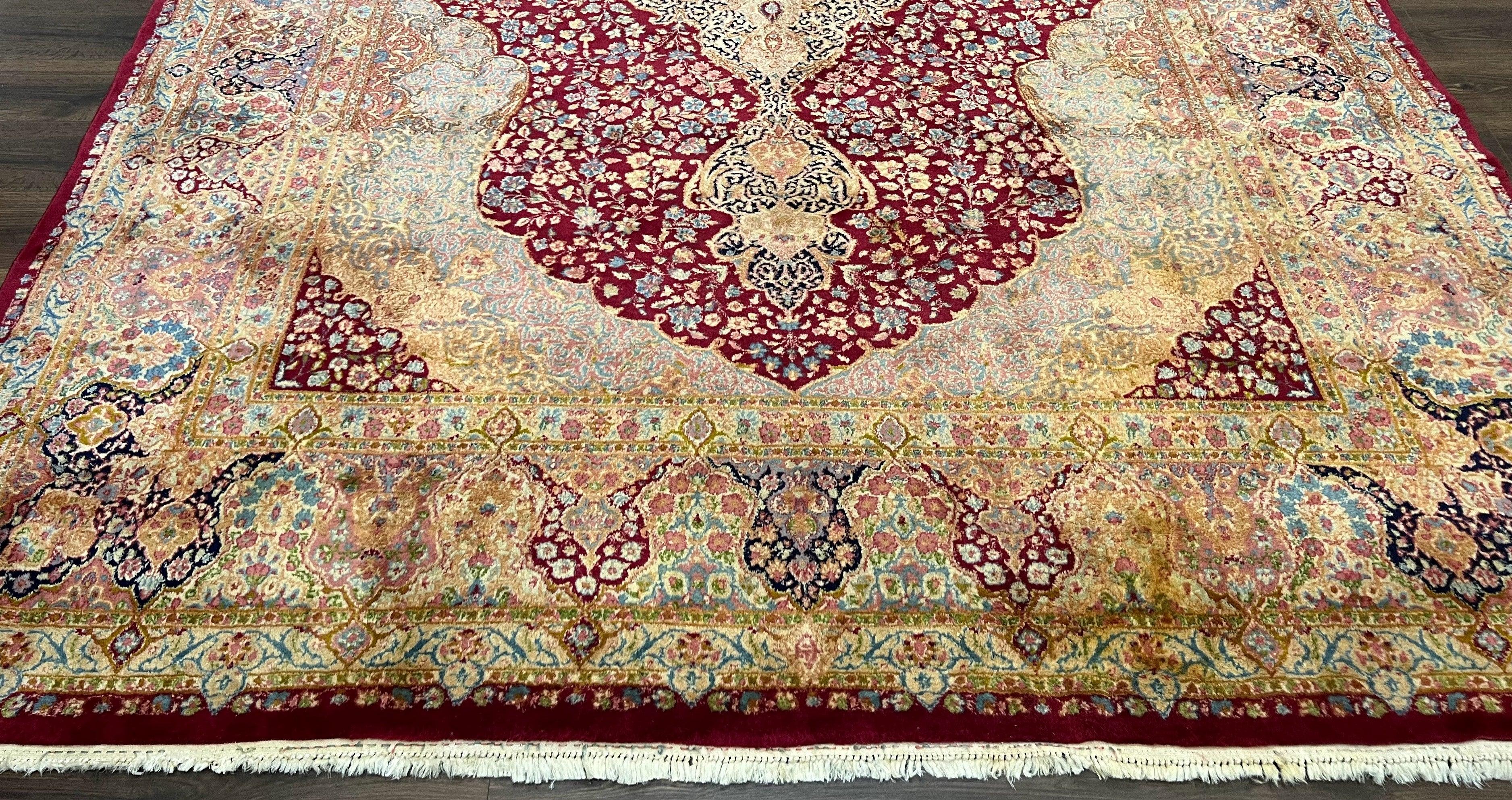 Persian Rug 9x12, Kirman DeLuxe, Millefleur Floral Medallion Carpet, Maroon Light Blue Beige, Semi Antique Authentic Hand Knotted Wool Rug - Jewel Rugs