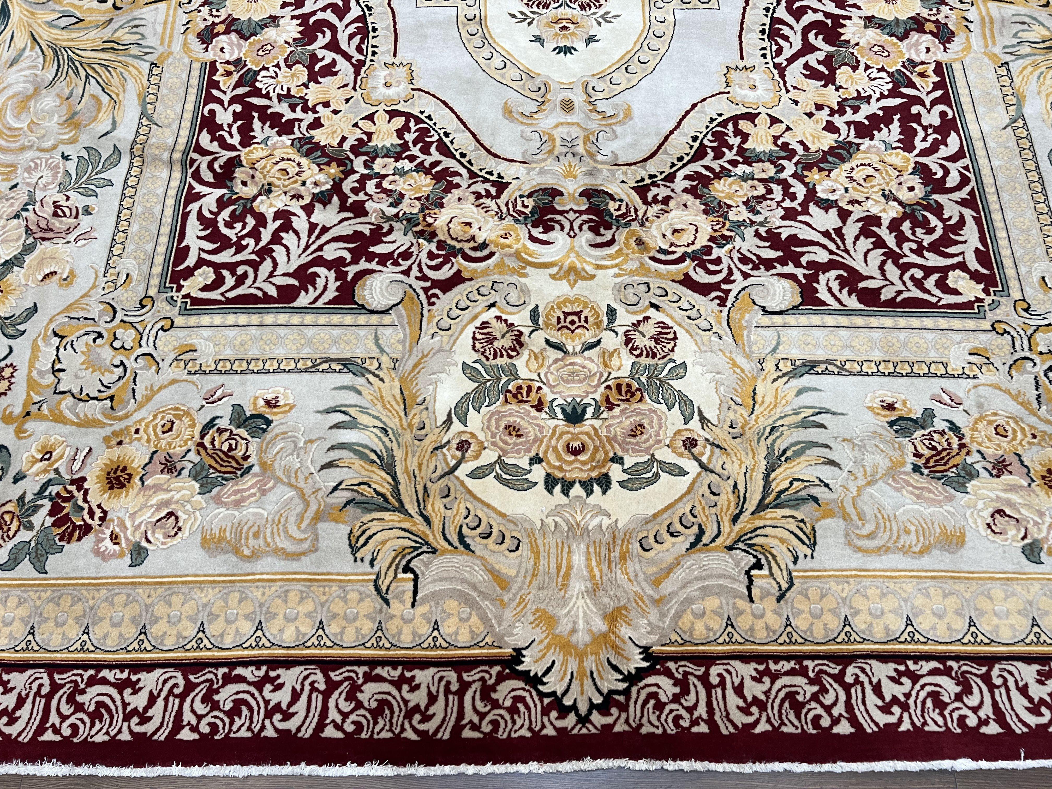 Aubusson Savonnerie Rug 9x12, Vintage French Aubusson Wool Carpet 9 x 12, Burgundy Light Blue Gold, Handmade with Pile Elegant Floral Rug - Jewel Rugs