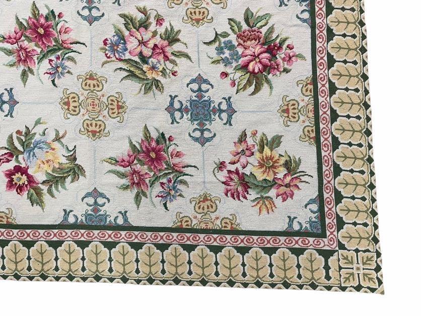 Hand-Knotted Needlepoint Carpet 6x9, Ivory/Cream Background, Colorful Flowers, Yellow Border, Aubusson Rug 6 x 9, New, Handmade - Jewel Rugs