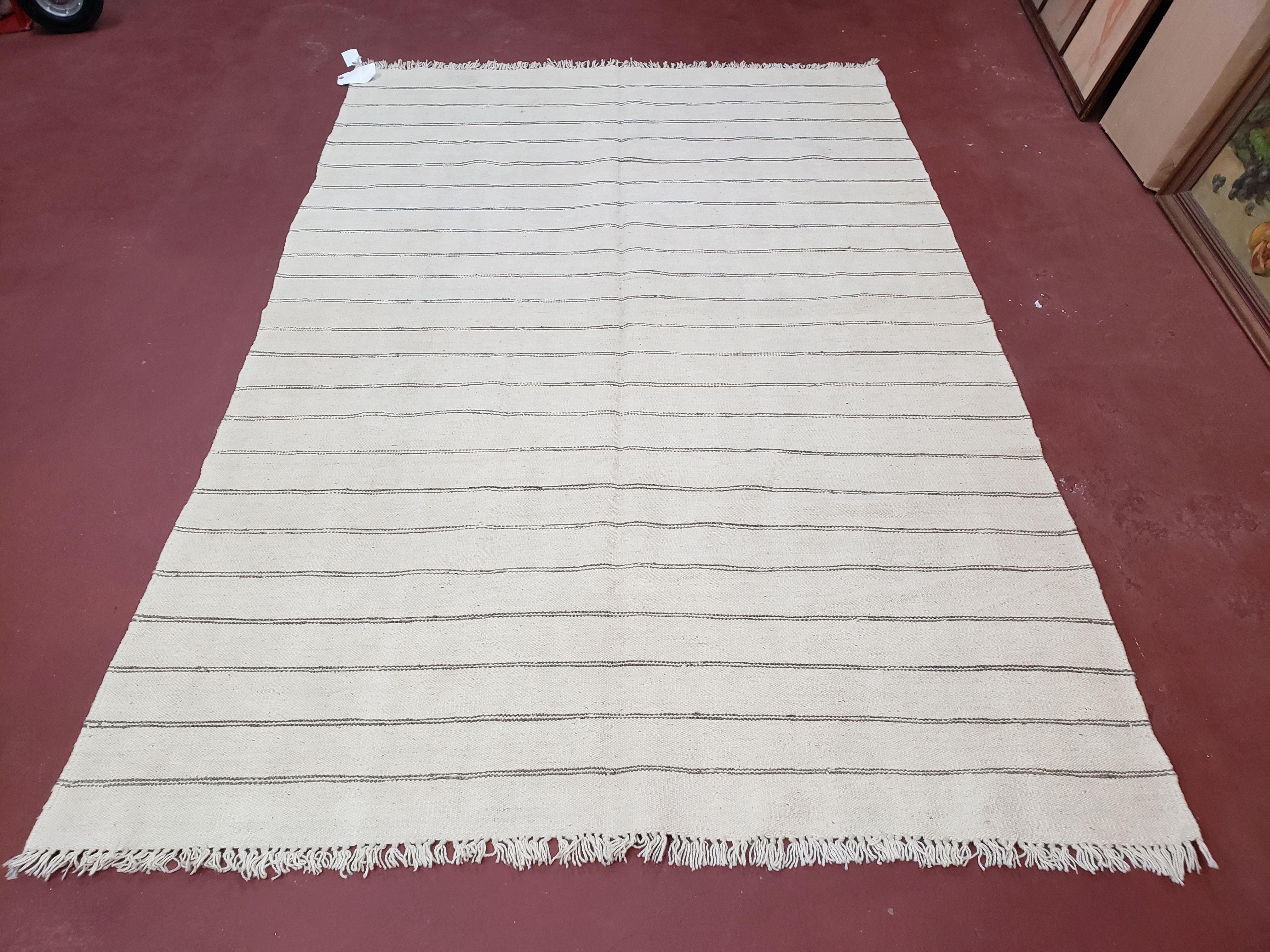 New Turkish Kilim Rug, Striped Area Rug, Southwestern Style, Off-white/Ivory Color, 5x8 Kilim Carpet, Hand-Knotted, Flatweave, Wool - Jewel Rugs