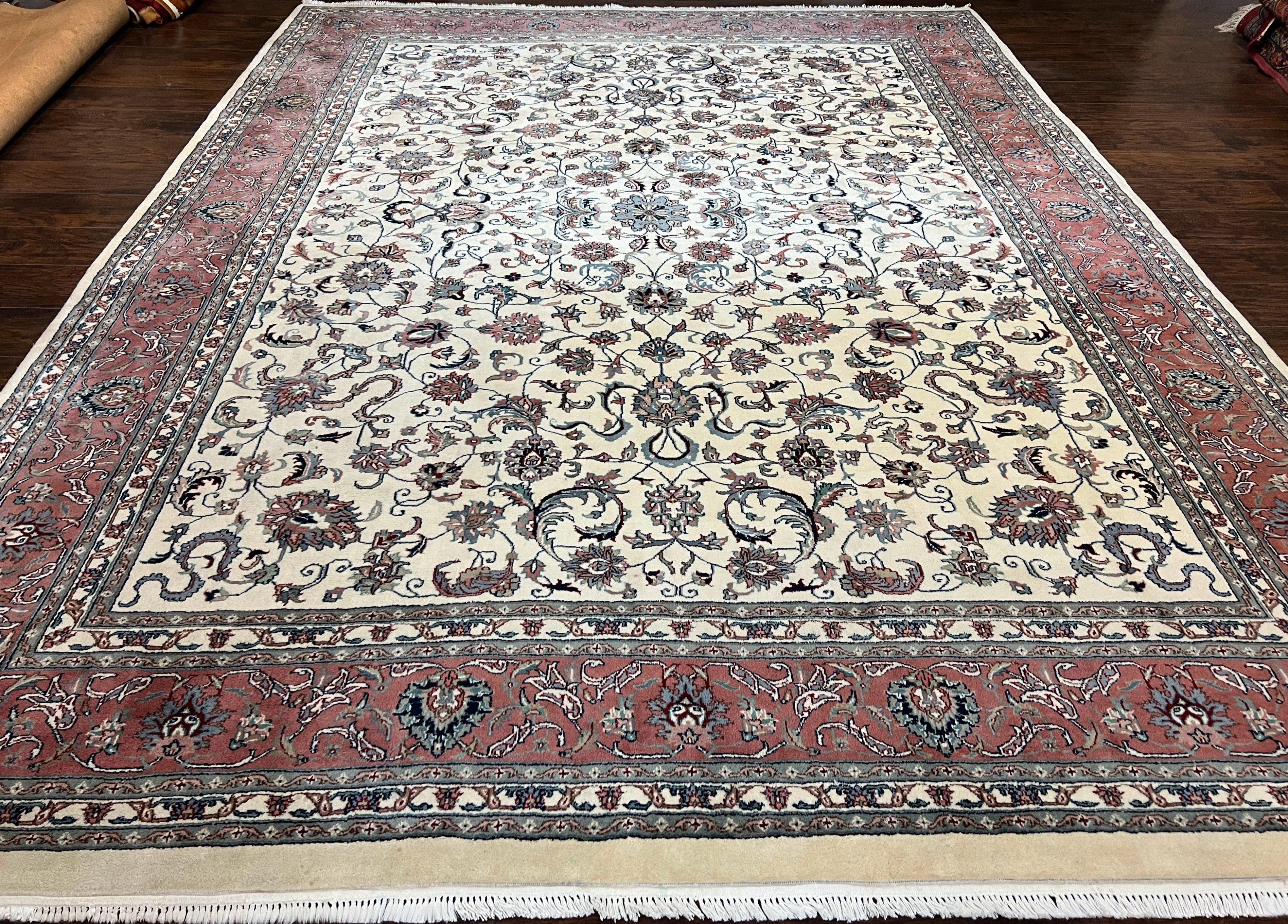 Indo Persian Rug 9x12, Persian Design Carpet, Room Sized Traditional Oriental Rug 9 x 12, Allover Floral Pattern, Cream and Red, Handmade - Jewel Rugs