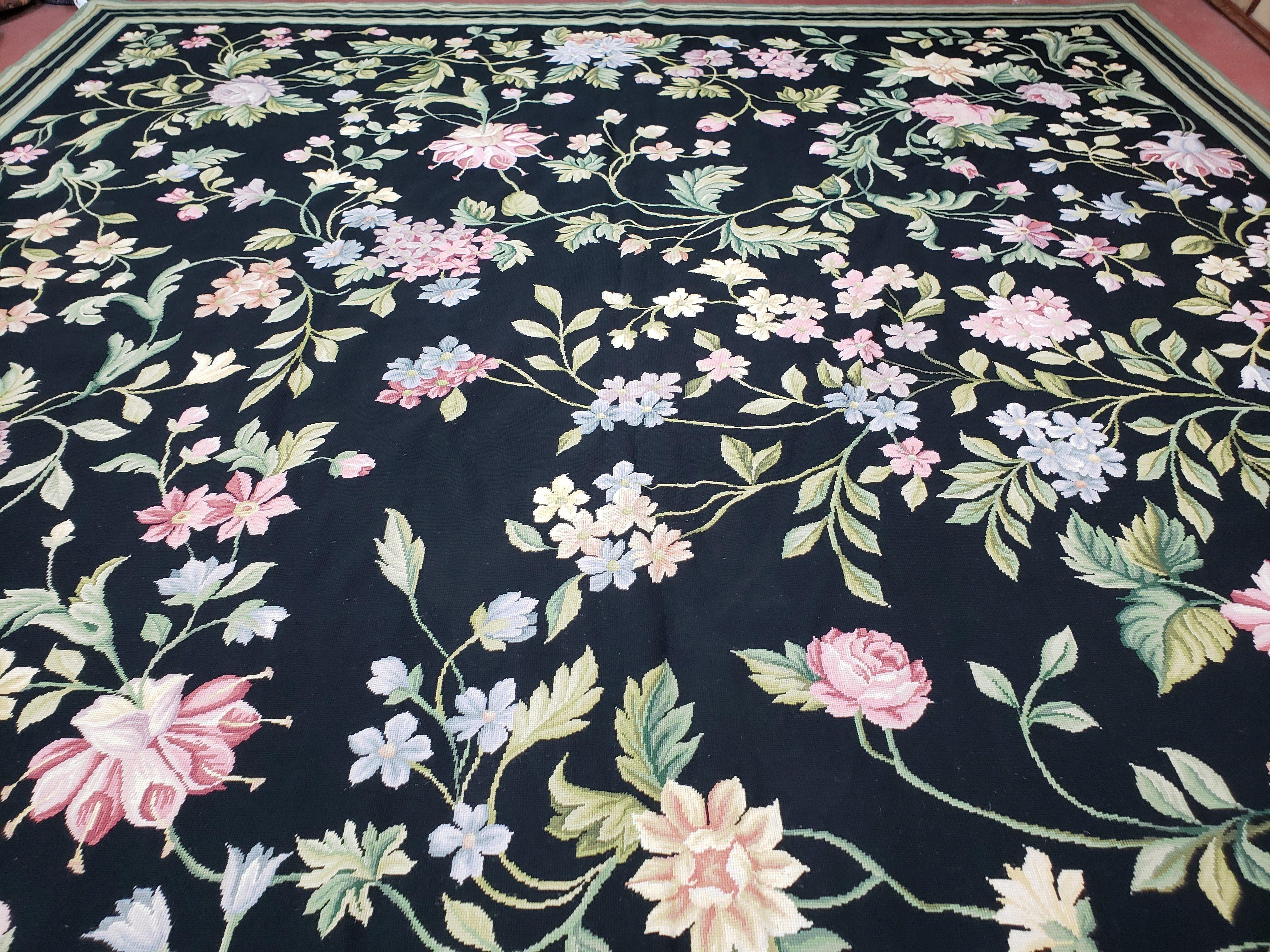 Large Needlepoint Rug, 10x14 Needlepoint, Black Rug, Allover Floral, New Needlepoint Rug, Flat Weave Rug 10 x 14, Chinese Aubusson Carpets - Jewel Rugs