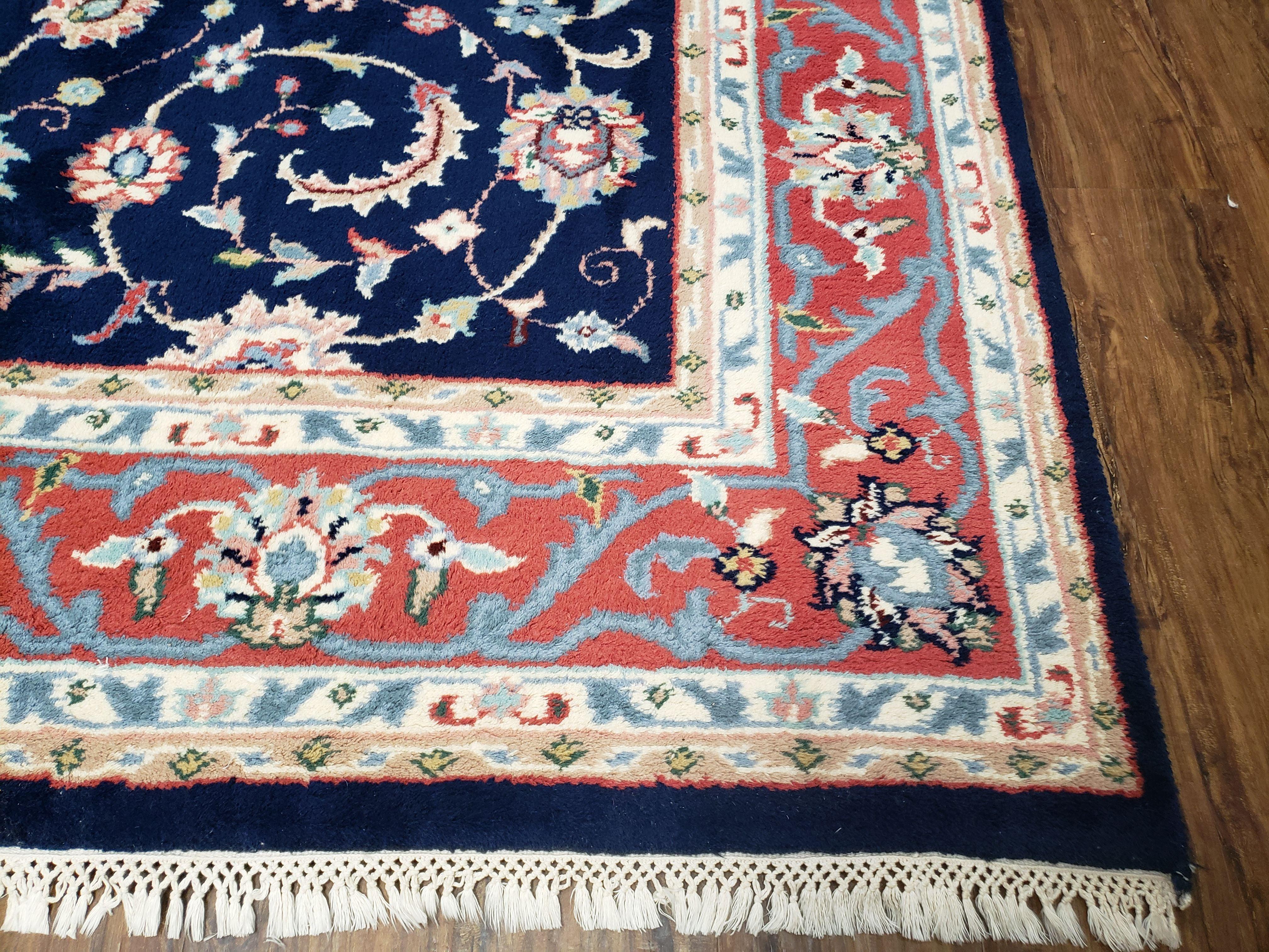 Vintage Indian Rug, Allover Floral Oriental Rug, Hand-Knotted, Wool, Dark Blue & Red, Indo Persian Rug, Allover Pattern, 8x11 Rug - Jewel Rugs