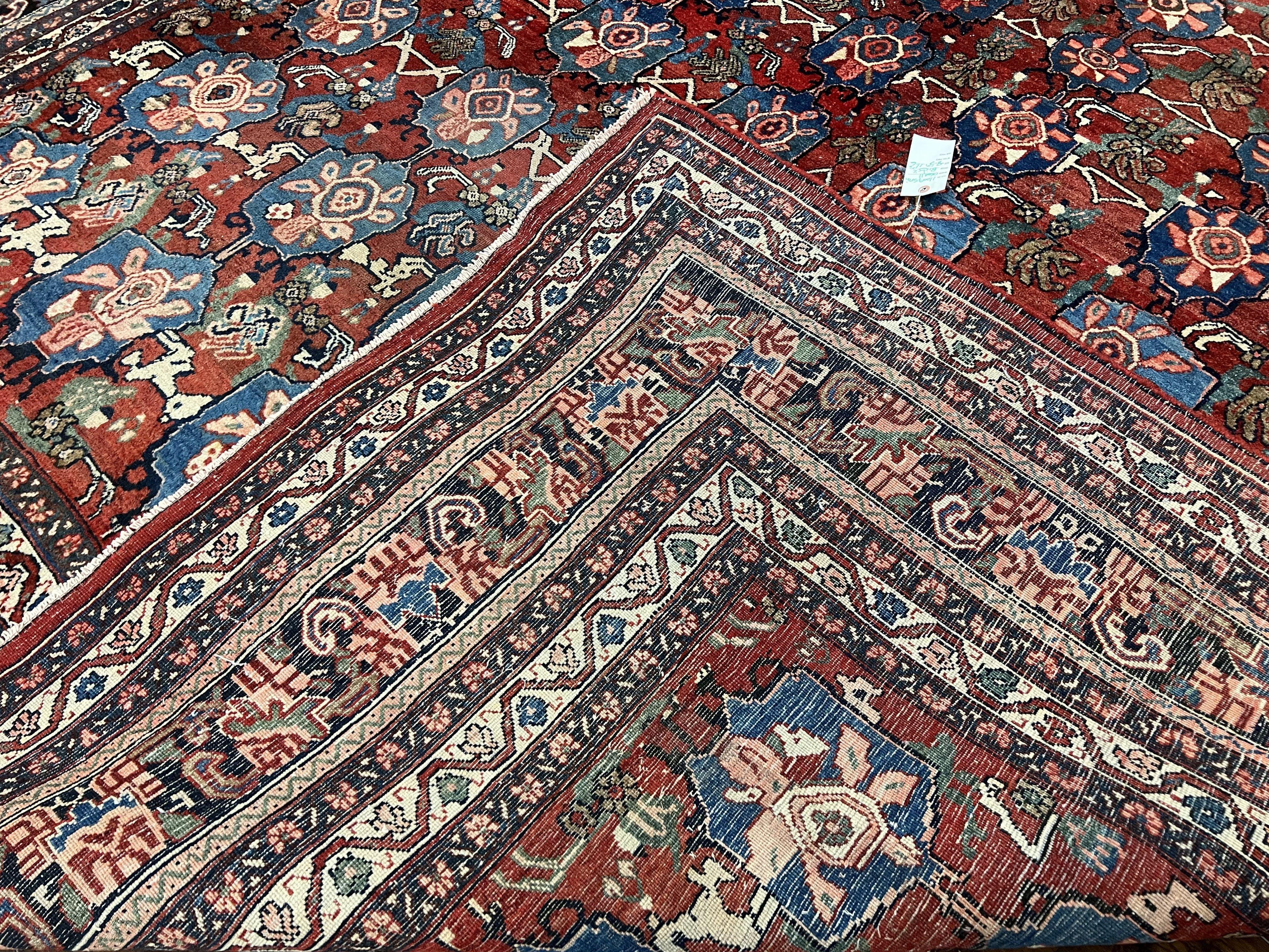 Beautiful Persian Bidjar Rug 9x12, Allover Repeated Motif 9 x 12 ft, Red Blue Cream, Hand Knotted Wool Bijar Oriental Carpet, 1950s Semi Antique Vintage - Jewel Rugs