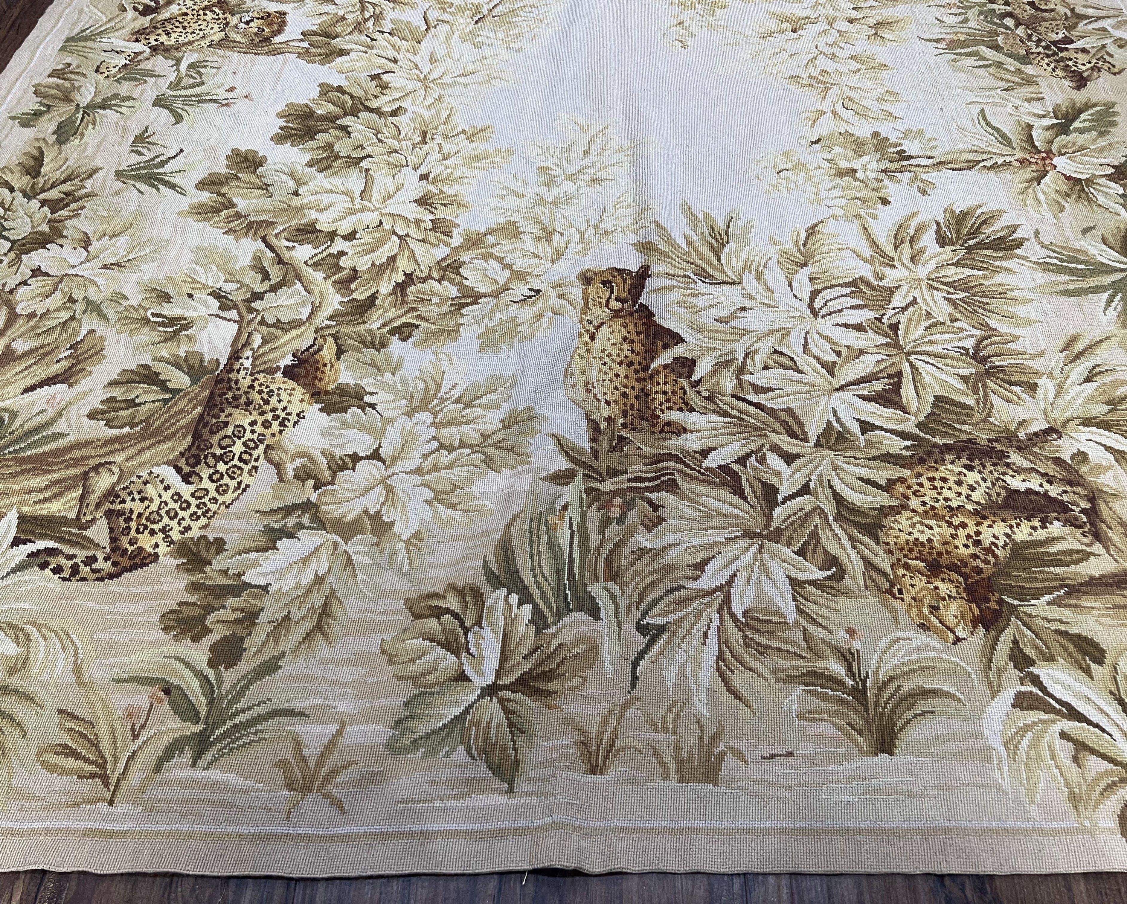 Aubusson Rug 6x9 French Aubusson Carpet, Flatweave Rug, Leopards and Flowers, Elegant Carpet, European Design, Wool Handwoven, Ivory Beige - Jewel Rugs