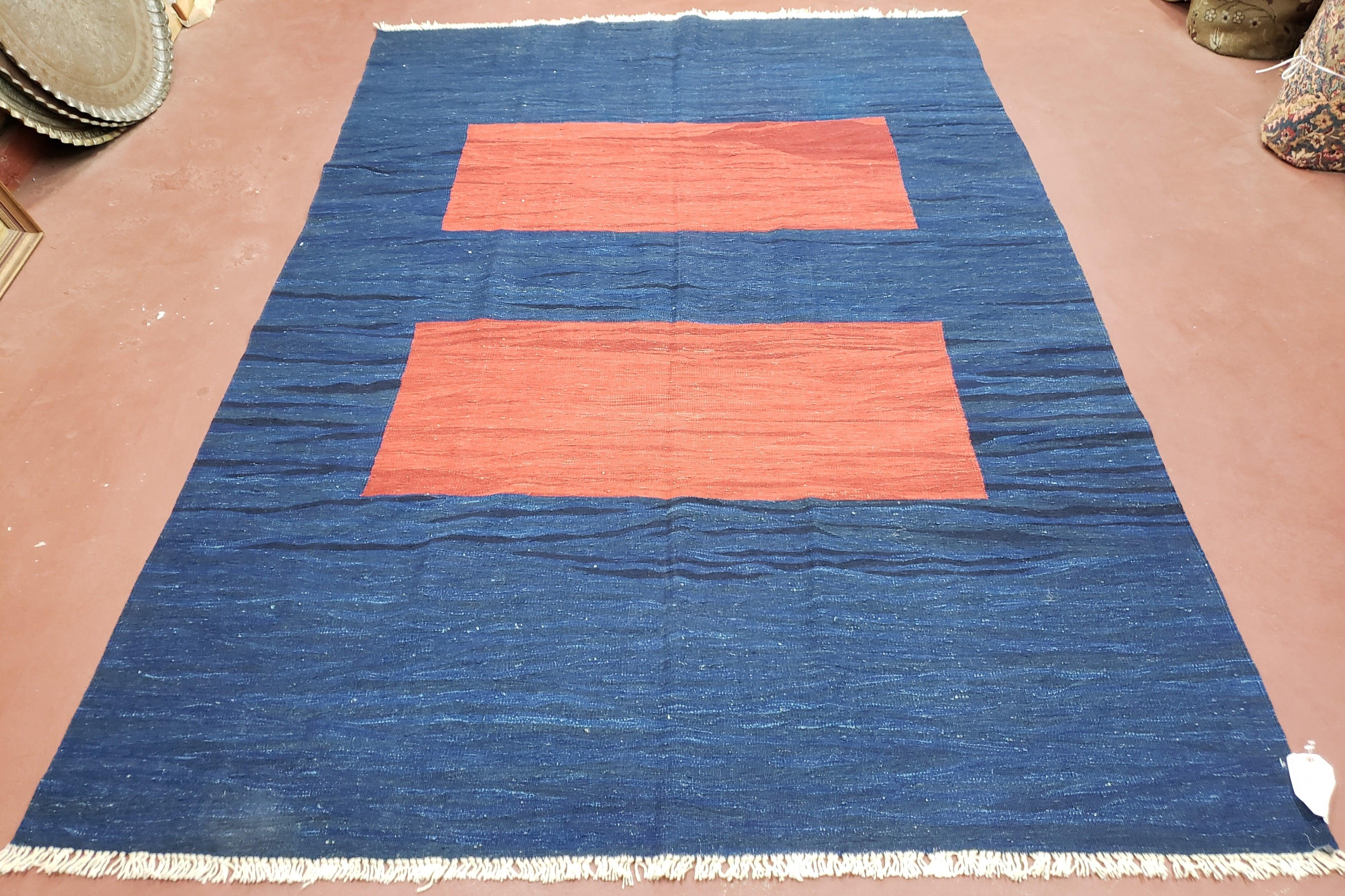 Blue and Red Turkish Kilim Rug, New 6x9 - 7x10 Flatweave Area Rugs, Hand Woven, Wool Handmade Oriental Kilim Abstract Modern Boho, Minimal - Jewel Rugs