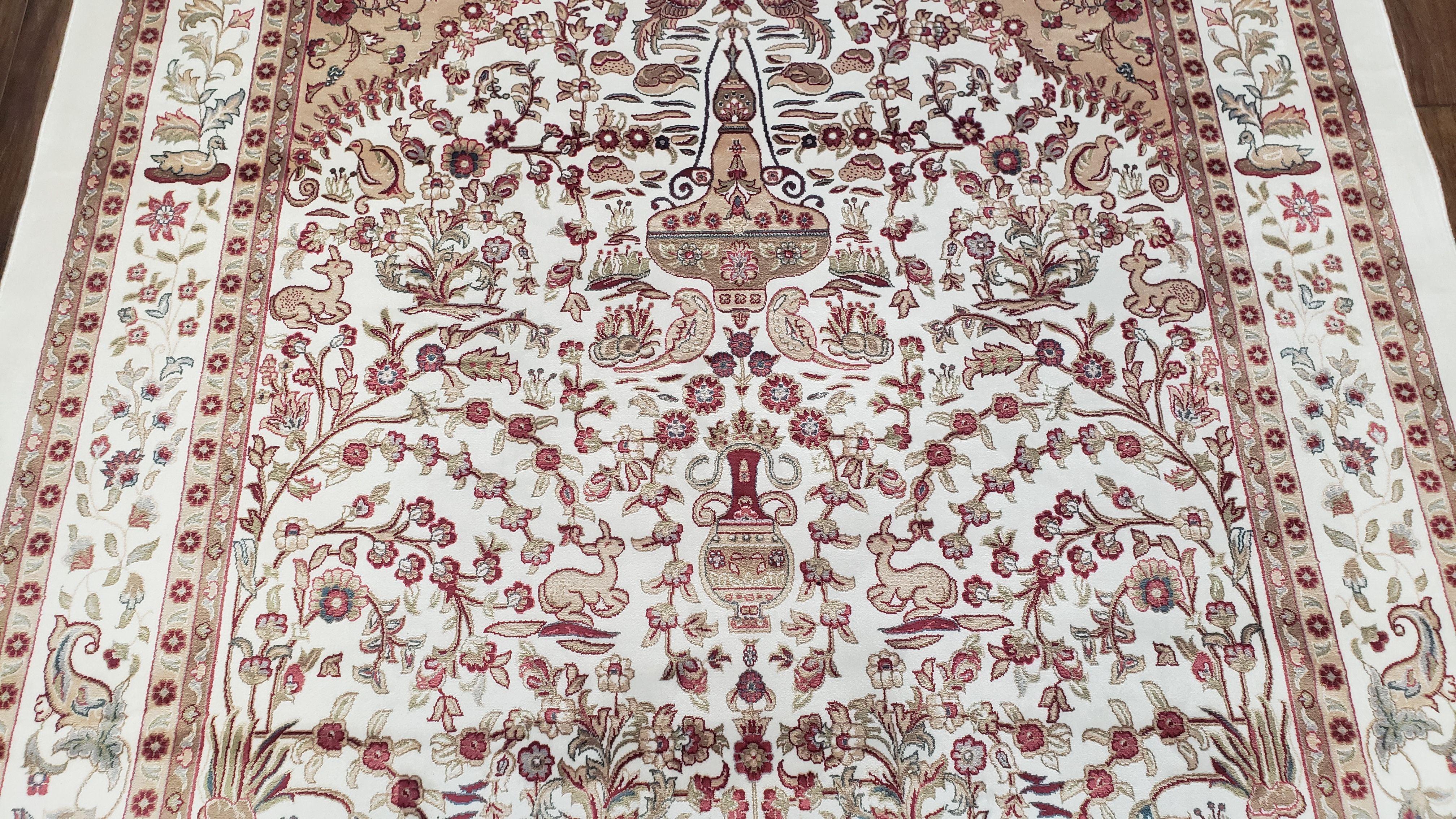 New Turkish Silk Rug 4x6, Tree of Life Carpet, Silk Prayer Rug 4 x 6 ft, Animals Birds Deer, Detailed & Super Soft, Bamboo Silk, Ivory Beige - Jewel Rugs