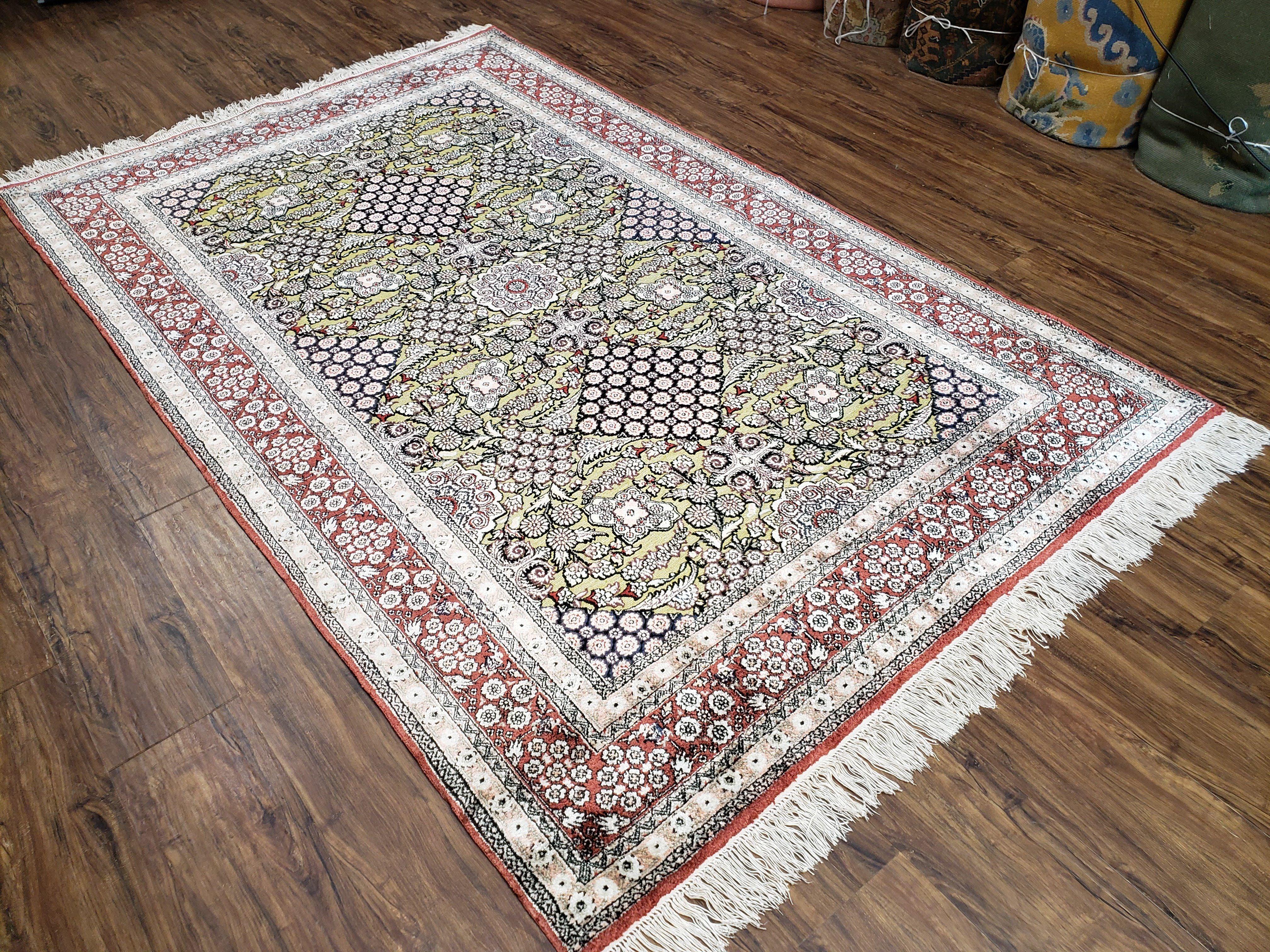 Vintage Silk Rug with Gold Threads, 5x8 Silk Oriental Carpet, Red Black Gold Hand-Knotted Fine Silk Real Gold Wire Threads Kashmiri Silk Rug - Jewel Rugs