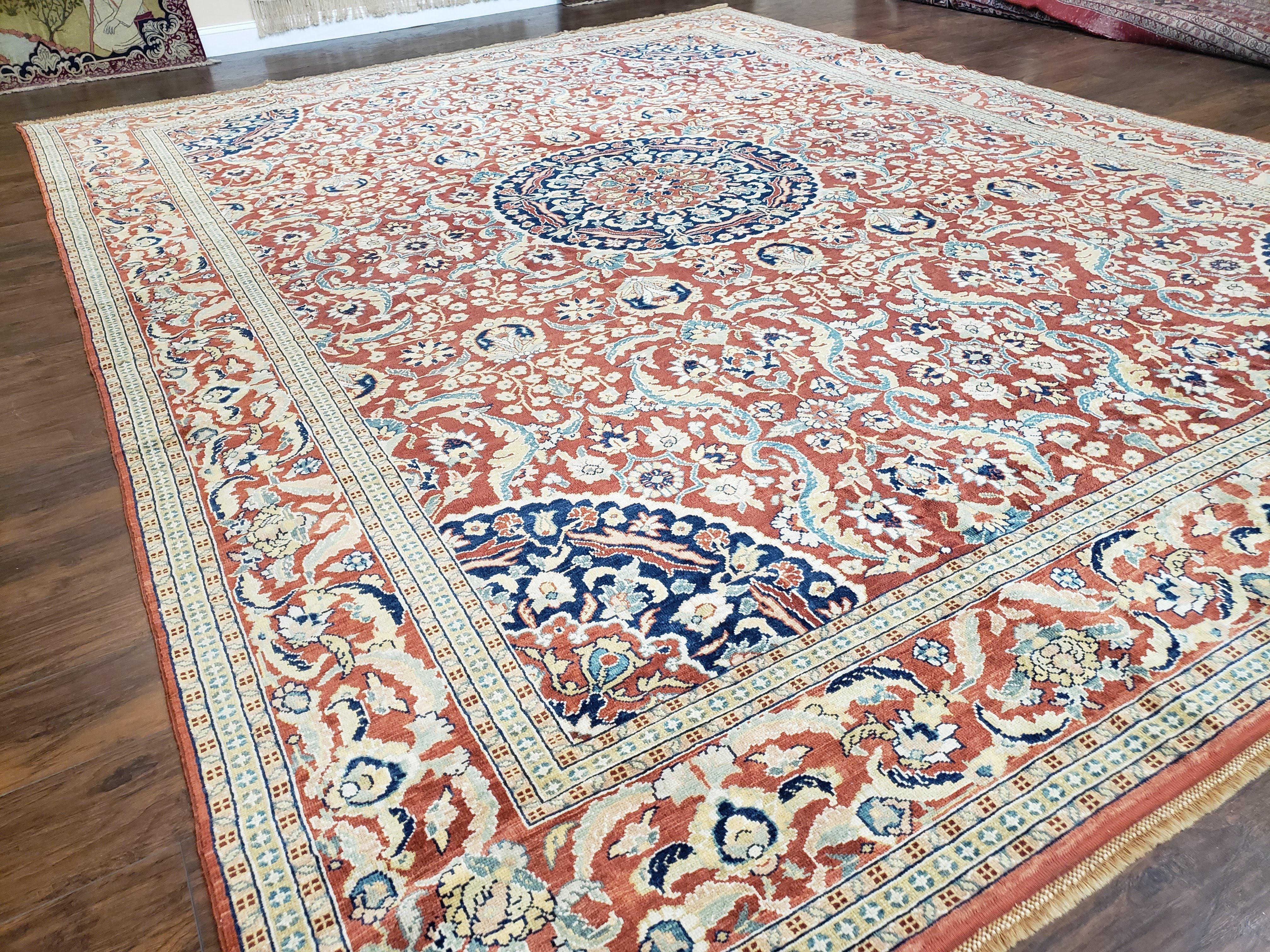 Antique Turkish Rug 10x14 - 11x14, Mahal Large Room Sized Area Rug Wool Hand-Knotted Red Blue Ivory Persian Carpet Oversized Living Room Rug - Jewel Rugs