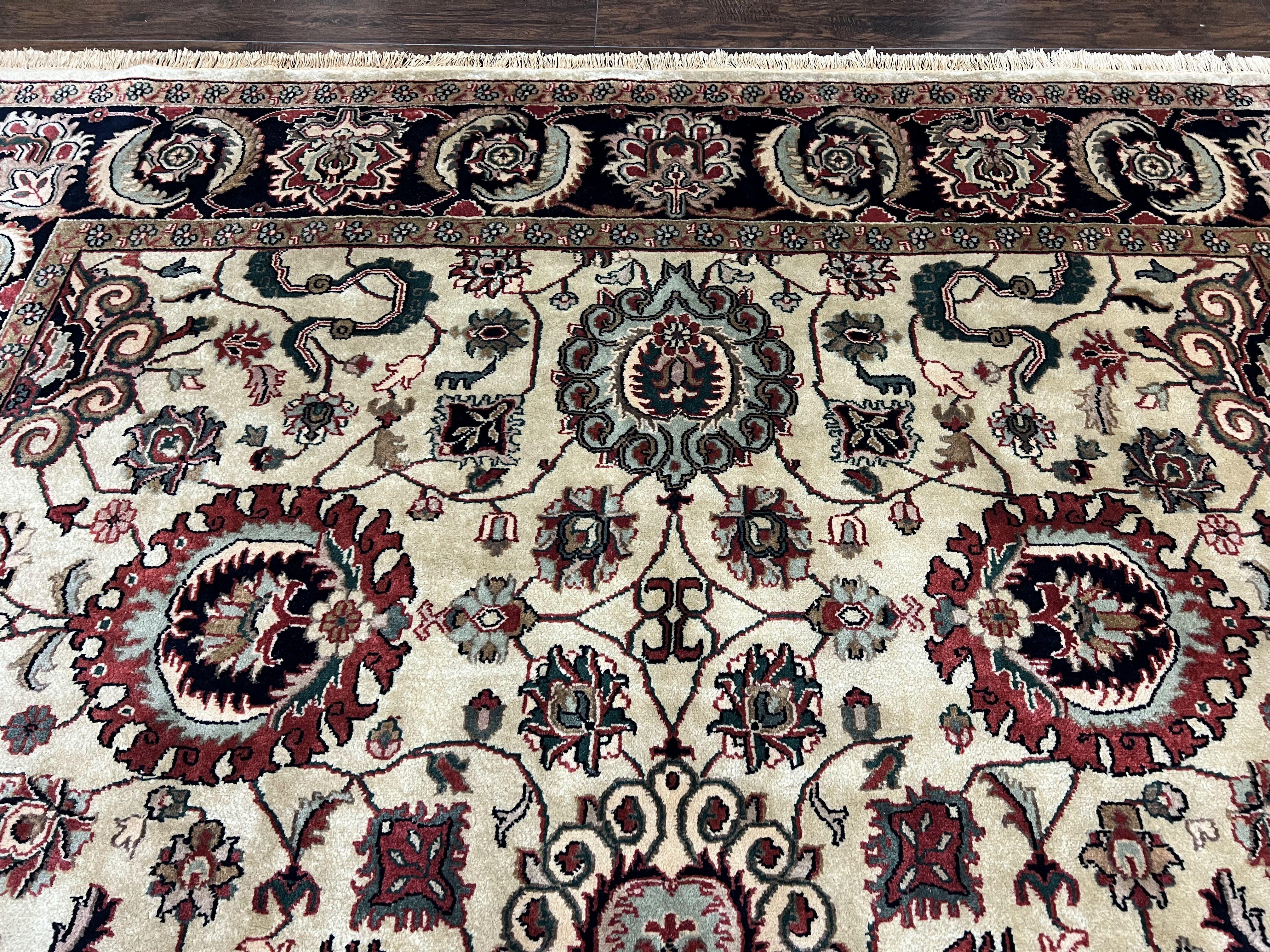 Indo Mahal Rug 8.8 x 12, Vintage Indo Persian Carpet, Cream Black, Allover Floral Design, Shah Abbas Flowers, Handmade, Wool Oriental Rug - Jewel Rugs