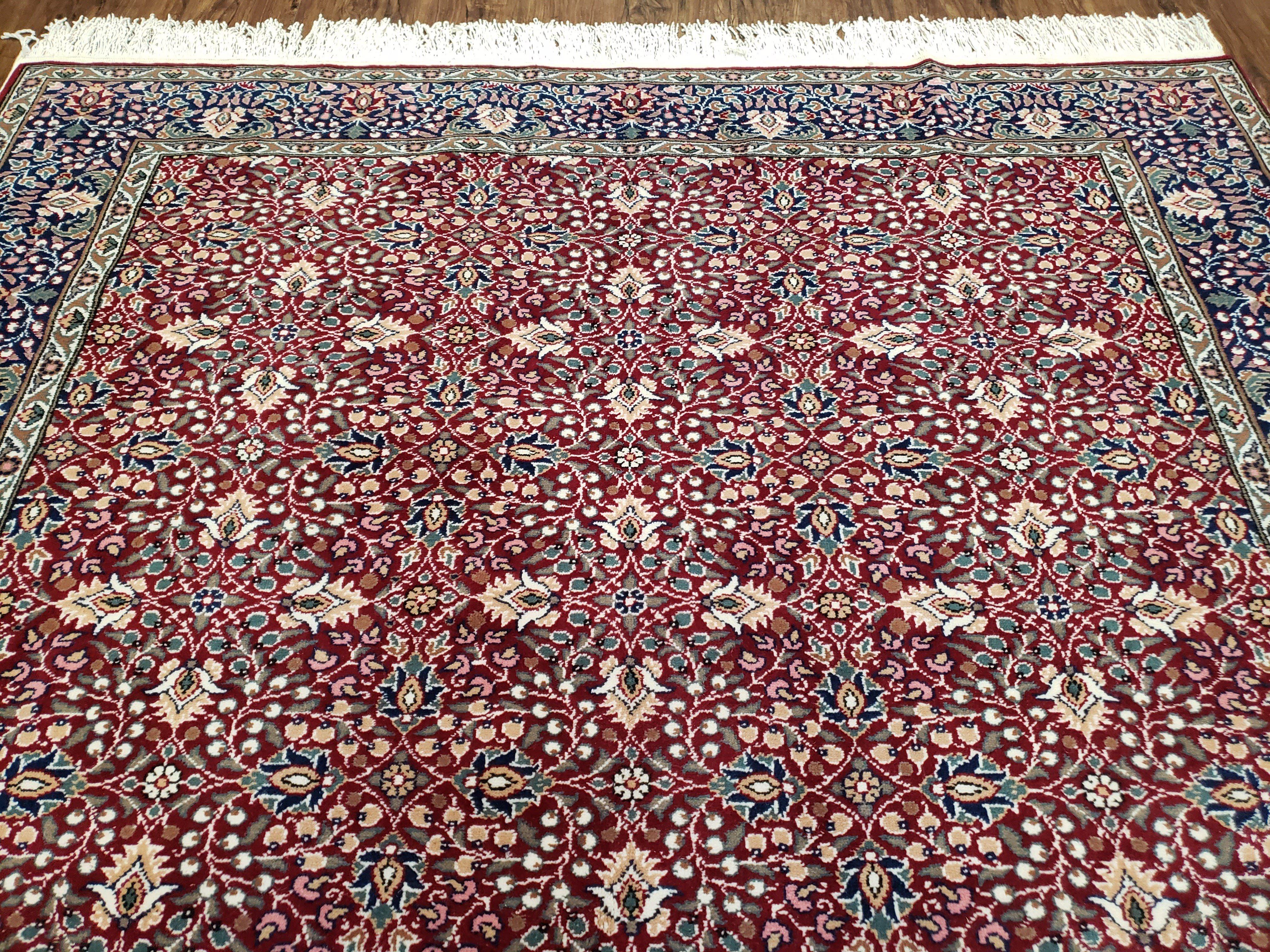 Vintage Turkish Sivas Area Rug 6.5 x 9.5, Wool Hand-Knotted Red & Midnight Blue Allover Floral Pattern Oriental Carpet, 6x9 Traditional Rug - Jewel Rugs