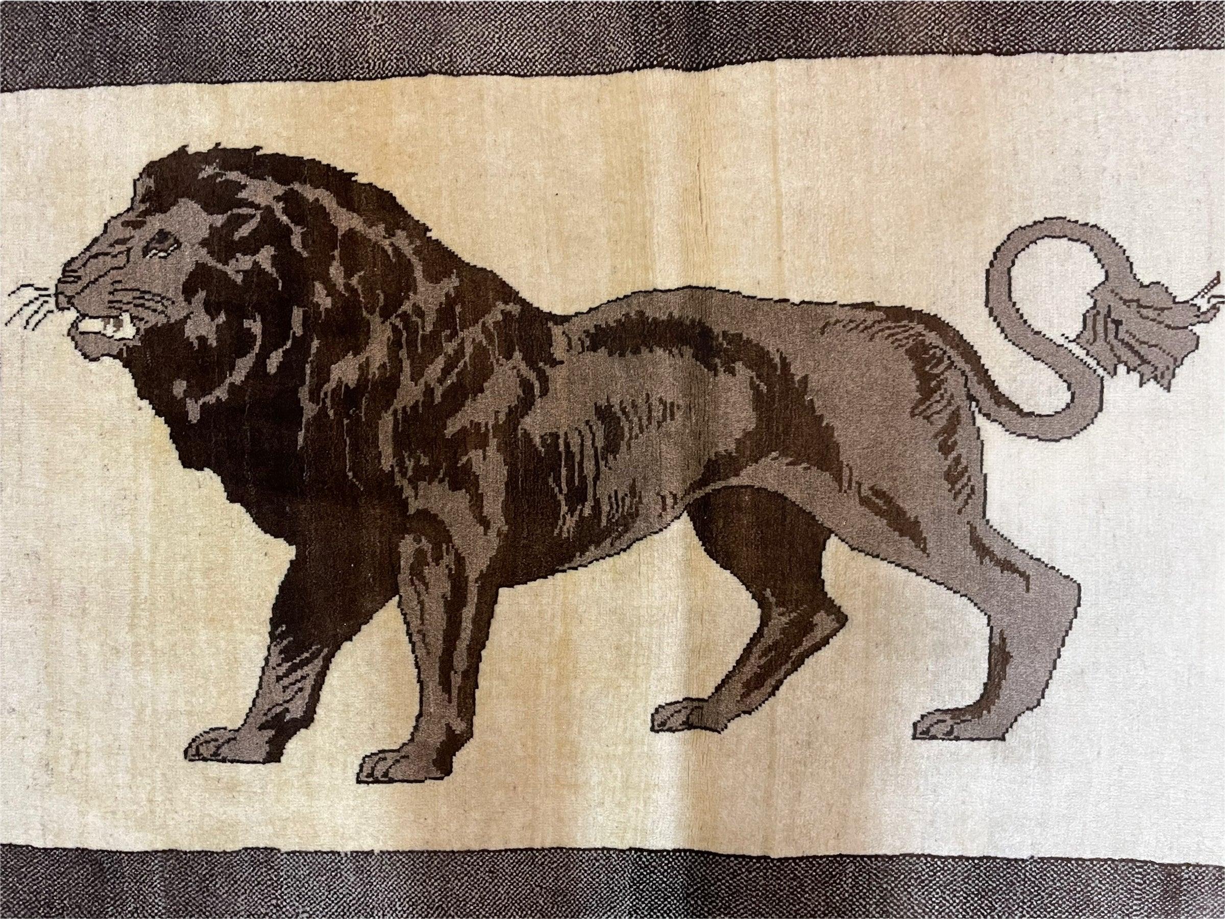 3 x 5 Handmade Rug Brown Beige Hand-Knotted Lion Rug New Vintage Quality Animal - Jewel Rugs