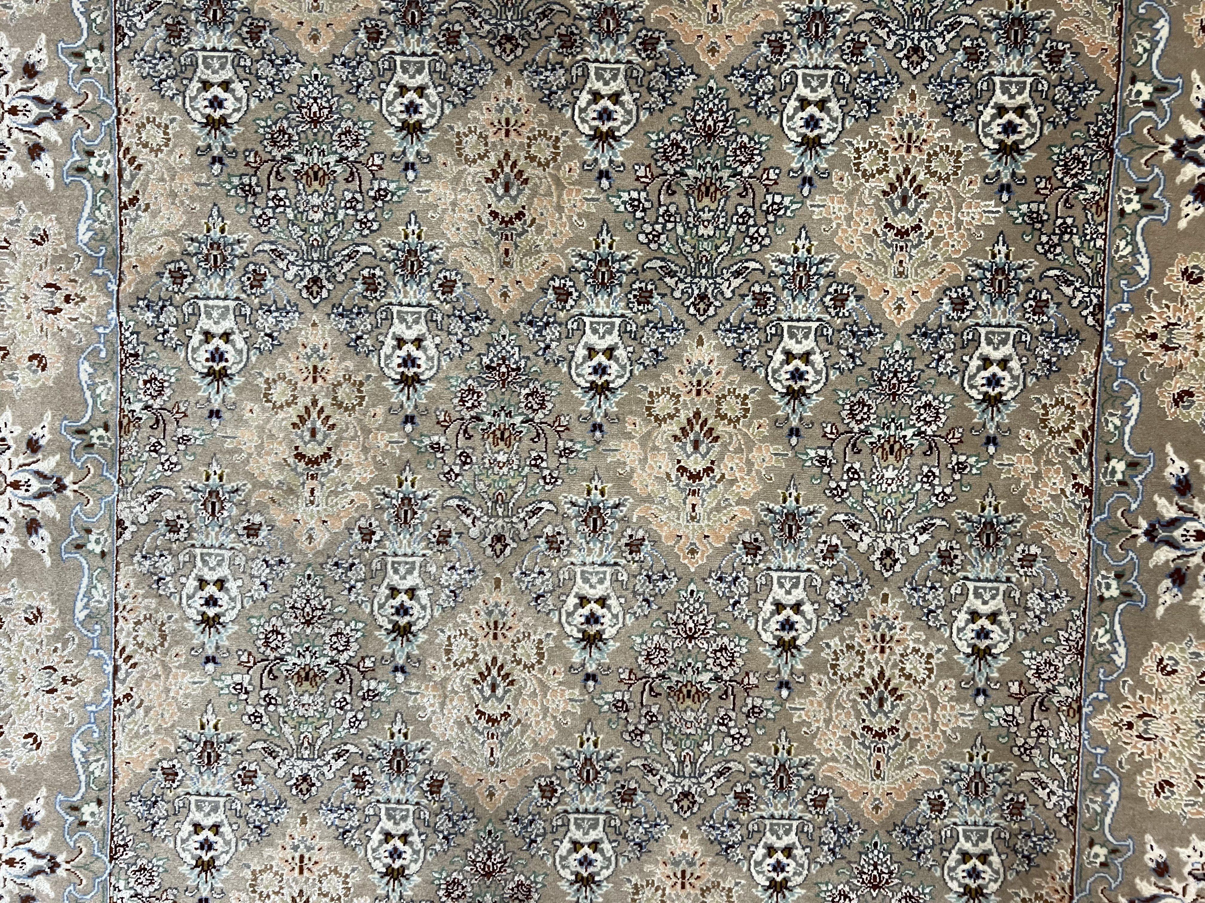 Super Fine Persian Isfahan Rug 3x5 ft, Kork Wool on Silk Foundation, Repeated Floral Motif, Taupe Tan Hand Knotted Oriental Carpet 3 x 5 ft, Signed - Jewel Rugs