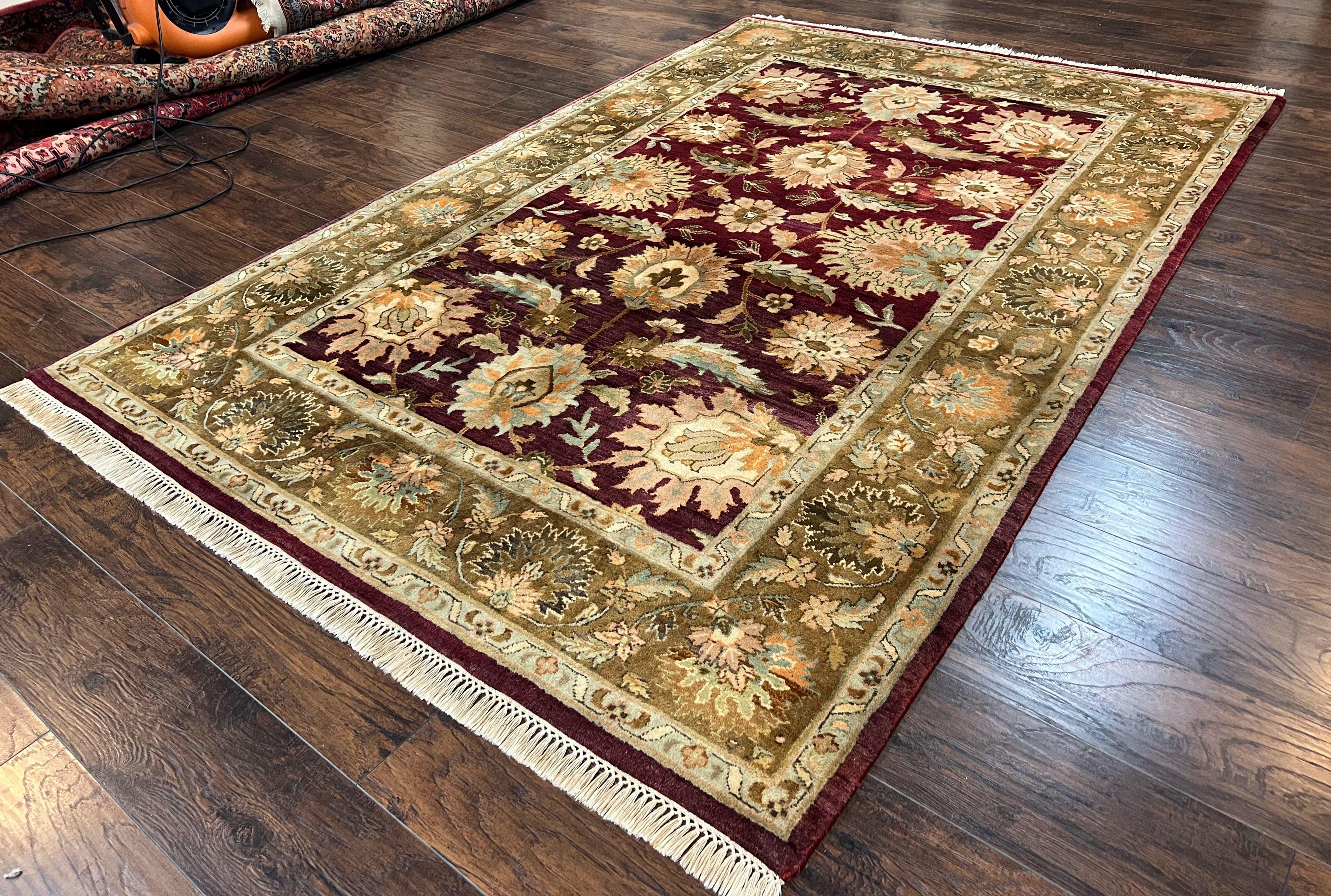 Indo Mahal Rug 6x9, Large Flowers Allover, Maroon and Green, Handmade Wool Area Rug, Vintage Rug, Indian Oriental Carpet, Hand Knotted Rug - Jewel Rugs