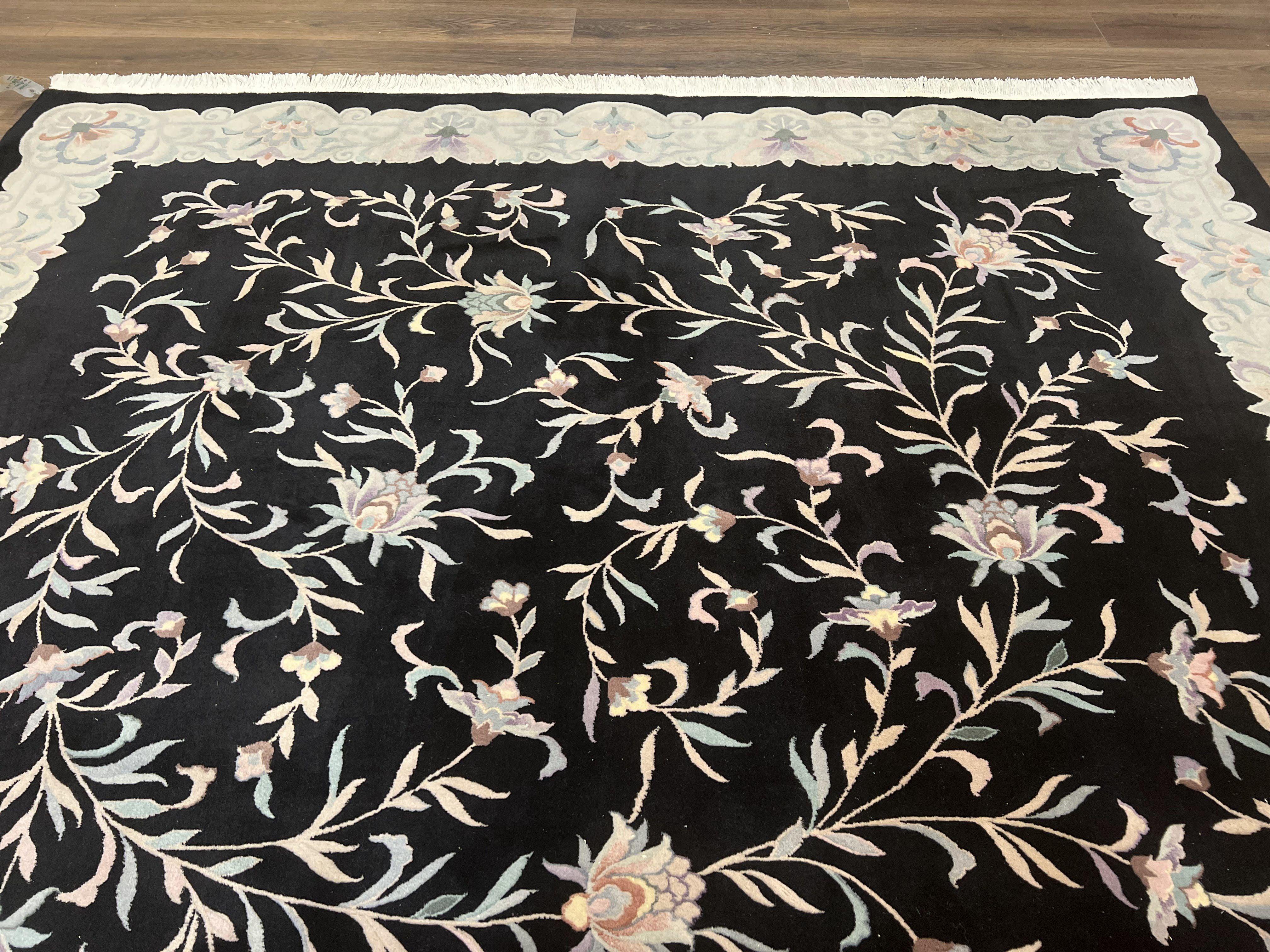 Chinese Wool Rug 9x11, Black Chinese 90 Line Carpet, Allover Floral Chinese Rug, Soft Plush Rug, Black Gray Teal Rug, Vintage Chinese Rug - Jewel Rugs