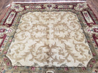 Vintage Square Nepali Area Rug 6x6, Beige & Red Wool Hand-Knotted Square Carpet, Soft Tibetan Aubusson European Design Rug, 6 x 6 Rug - Jewel Rugs